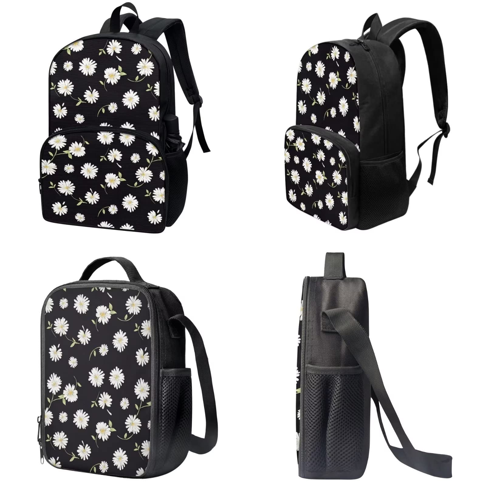 Poceacles Schultasche und Lunchbox-Set für Teenager, Jungen, Grundschule, Büchertasche, Federmäppchen für Grundschulkinder, Weißer Gänseblümchen, Einheitsgröße