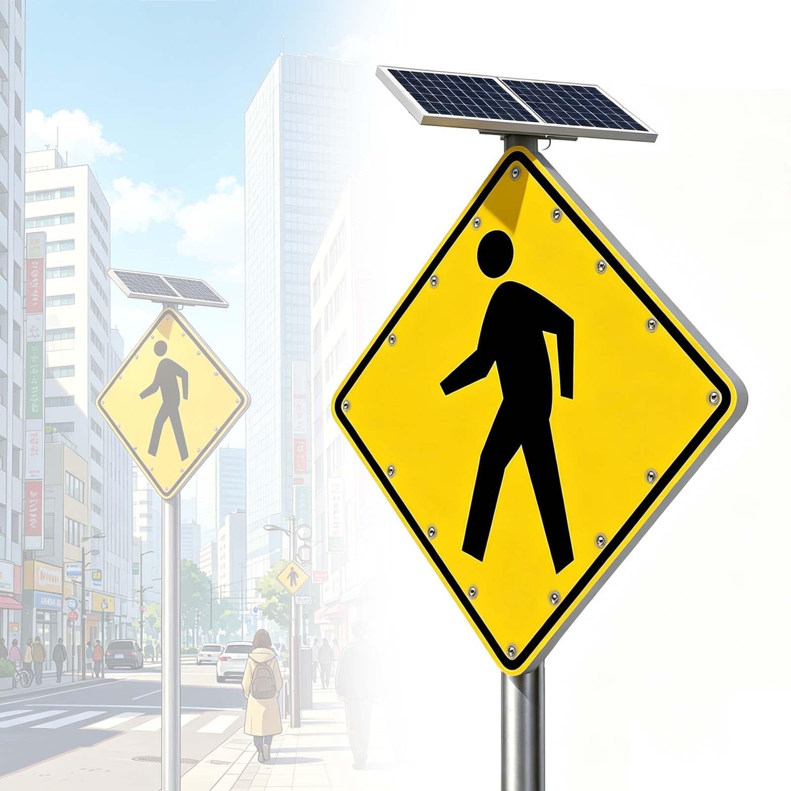 QFGain Solar Crossing Flashing Sign for Road, 500M Visibility LED Warning Beacon, Dusk-to-Dawn Auto Sensor, Mounts on 70-120mm Pole, for School Zone 24in