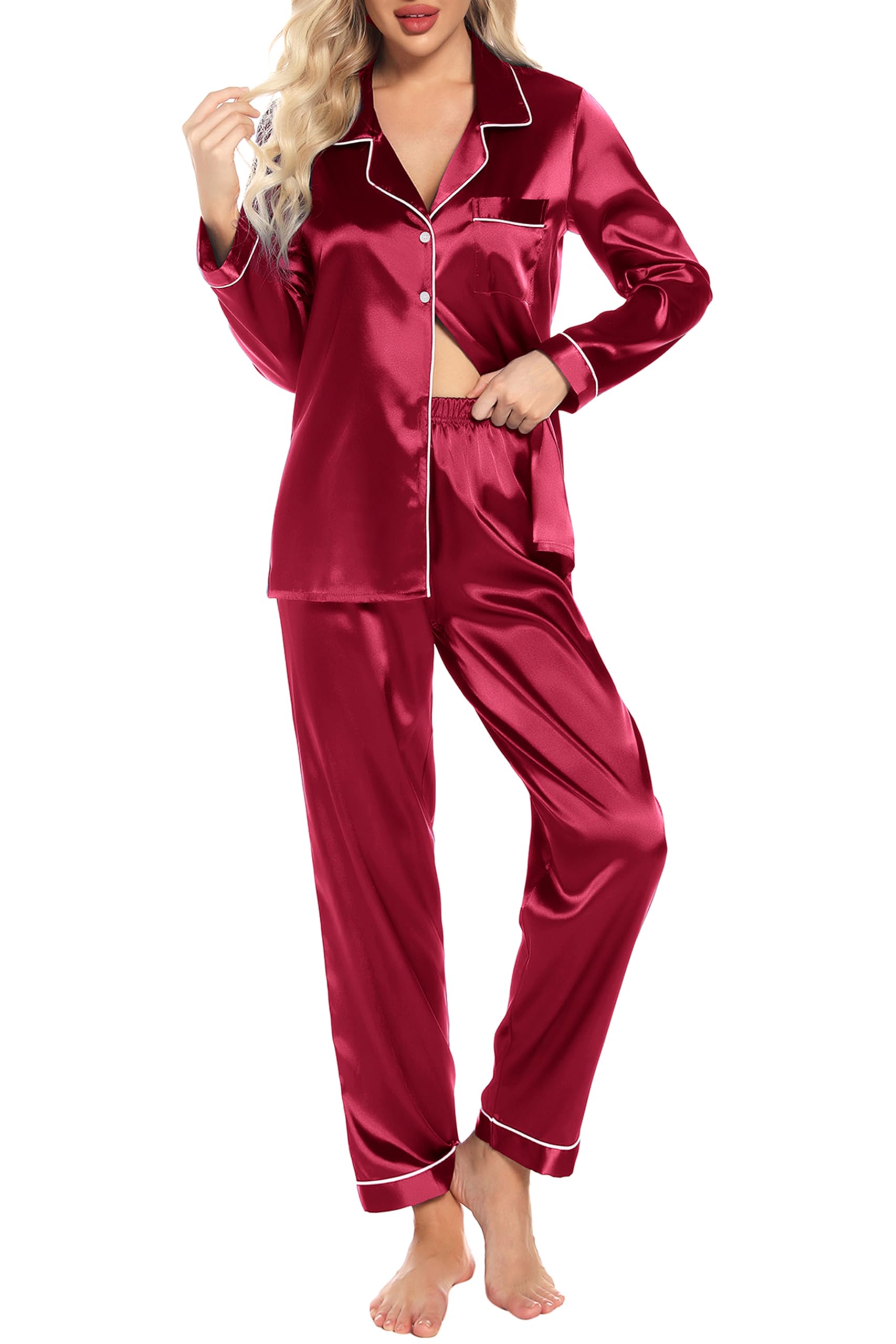 Senert Satin Pajamas Women's Long Sleeve Sleepwear Soft Button Down Loungewear Silk Pjs Set with Pockets