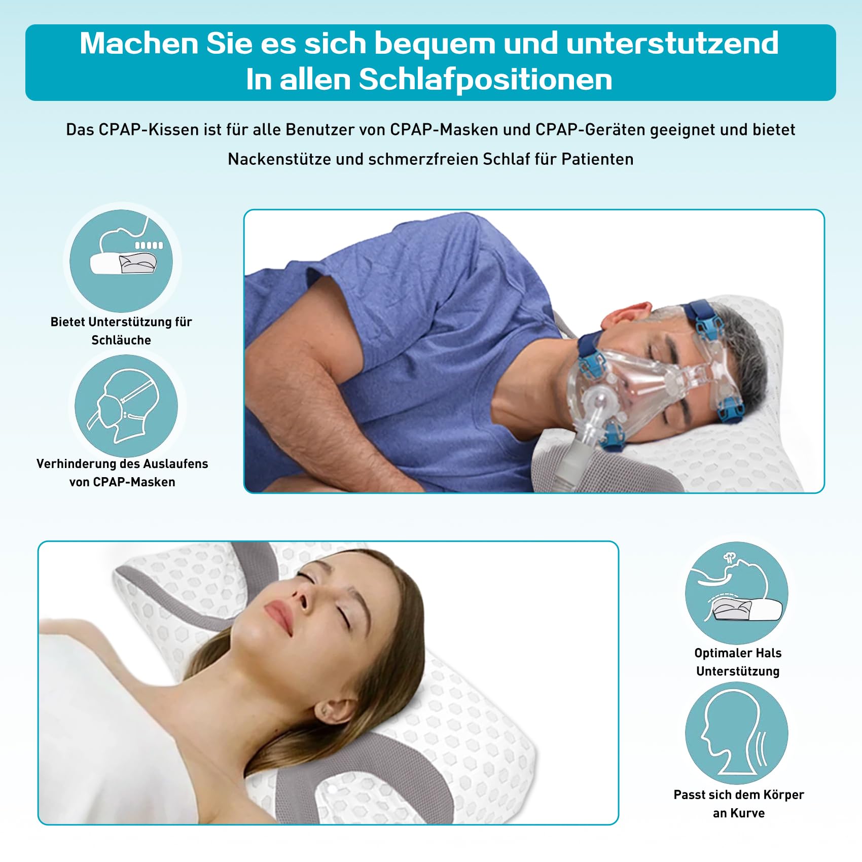Almohada CPAP, se Adapta a Todas Las máscaras CPAP, Almohada de Espuma con Memoria CPAP Alivia ergonómicamente el Dolor de Cuello y Reduce la presión de la máscara y Las Fugas