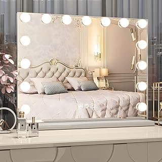 Large Vanity Lighted Mirror with Lights, 15 LED Bulbs, Light up Hollywood Makeup Mirror with 3 Color Modes, Tabletop or Wall-Mounted