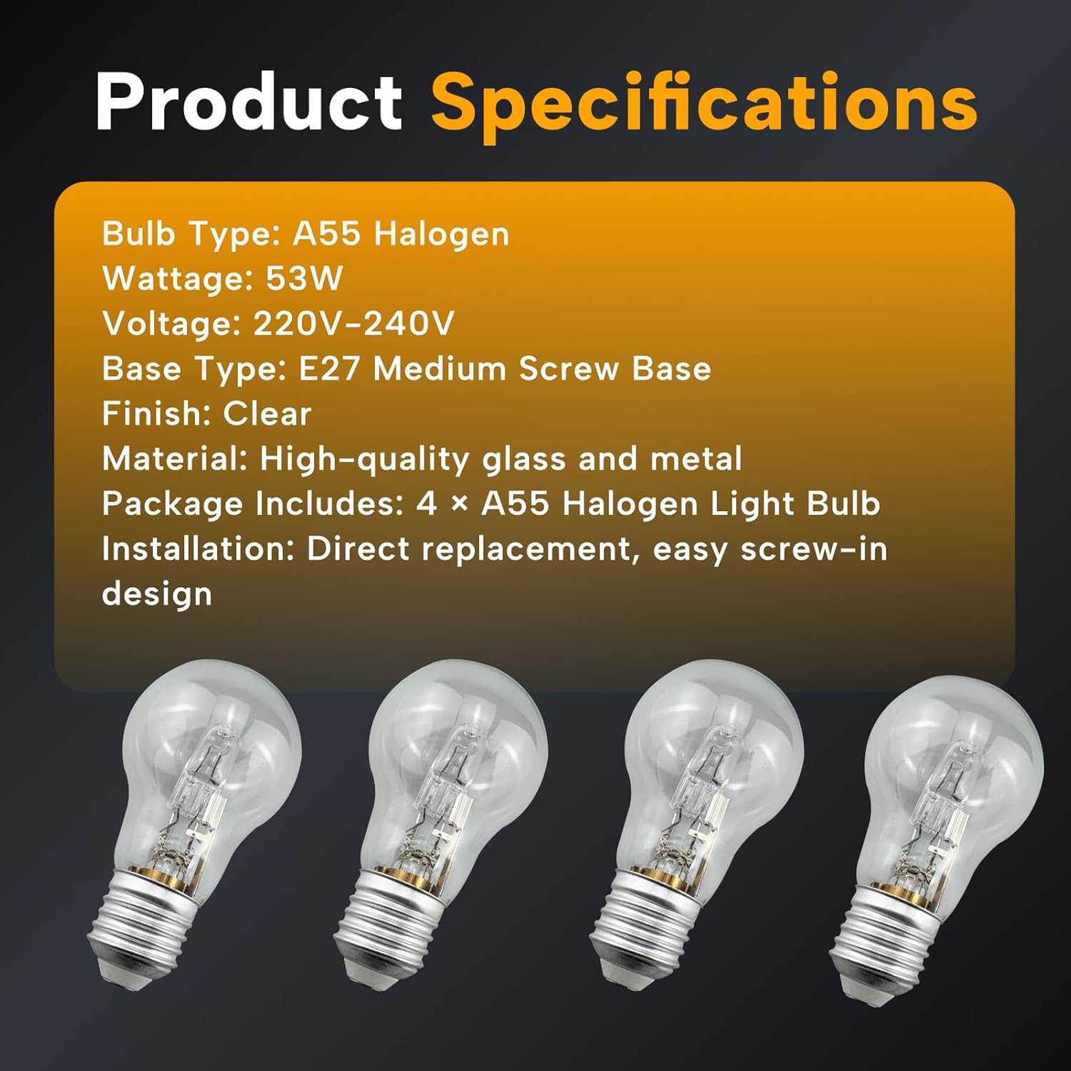 4Pcs A55 E27 Halogen Lamp 96 * 55mm 2700K Halogen Bulb Replacement E27 Screw Base for Incandescent Lamp