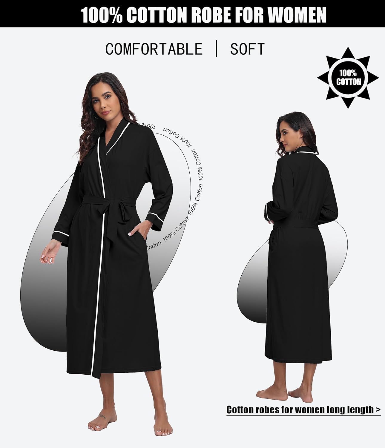 ANLIQI 100% Cotton Robe for Women Long Sleeve Knit Kimono Soft Lightweight Bathrobe Full-Length Housecoat with Pockets - Image 2