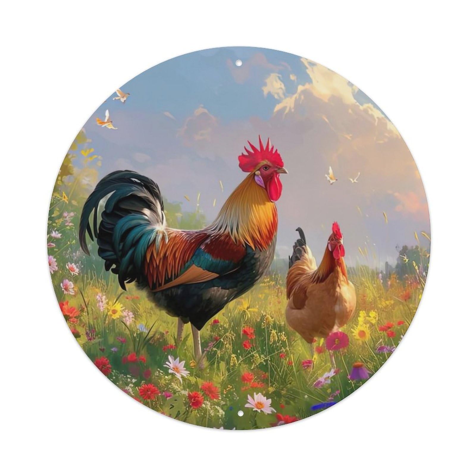Animal Two Chickens in The Meadow Metal Tin Sign