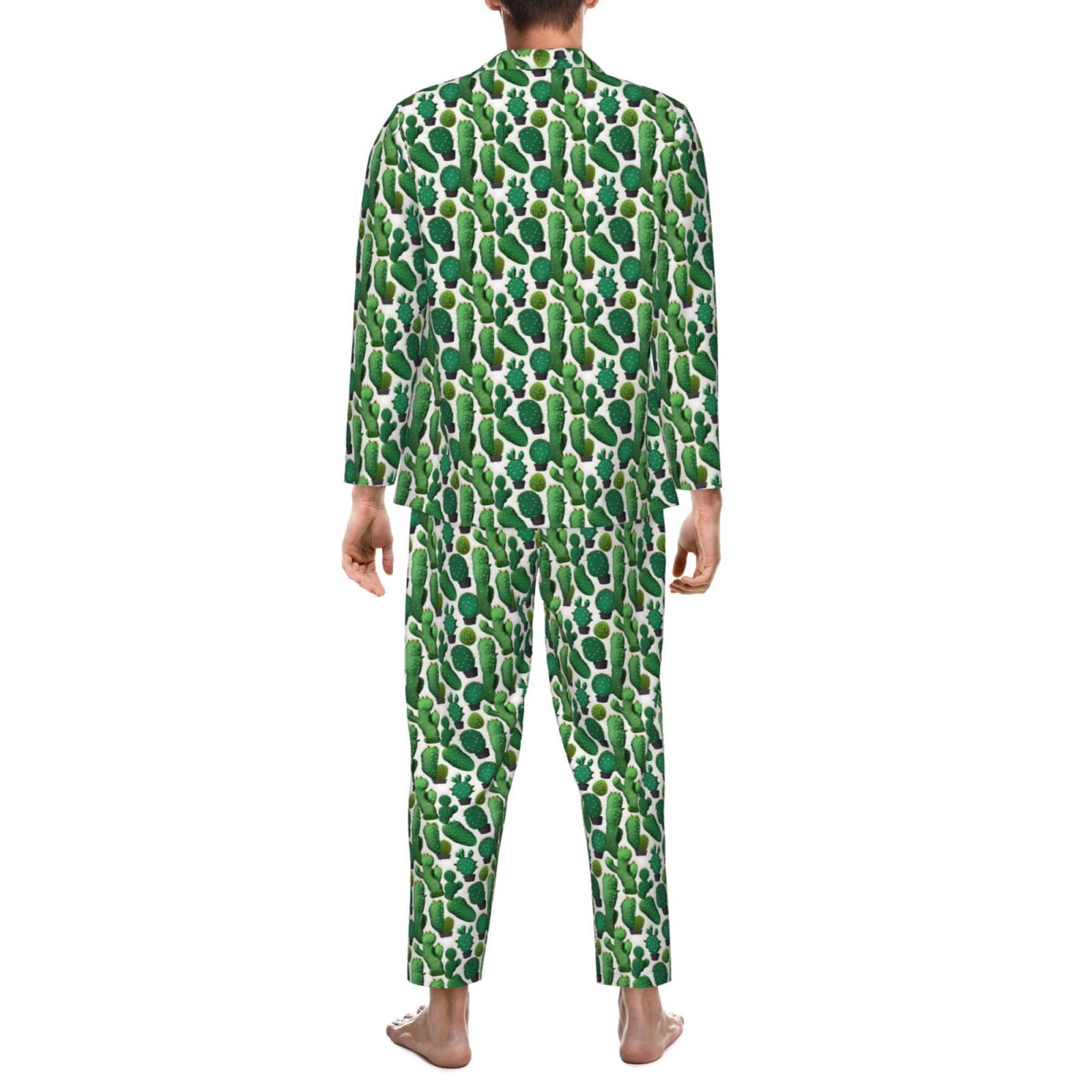 Herren-Pyjama-Set, langärmelig, Kaktusmuster, zweiteilig, bequem, Nachtwäsche, Grün