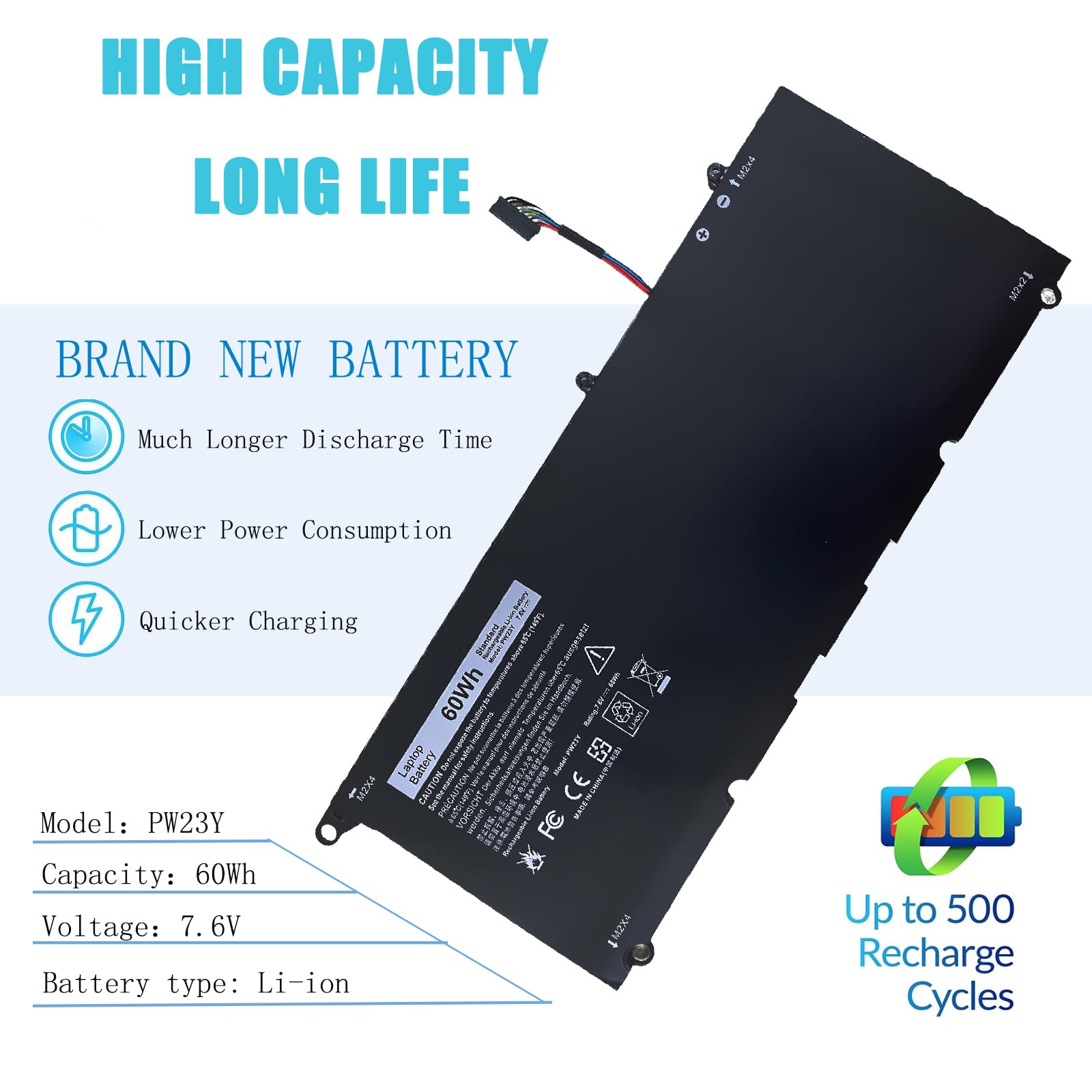 PW23Y Batteria di ricambio per computer portatile Dell XPS 13 9360 P54G002 13-9360-D1605G 13-9360-D1605T 13-9360-D1609G 13-9360-D1705G Series sostituzione TP1GT RNP72 0 RNP72 0TP1GT 7,6 V 60