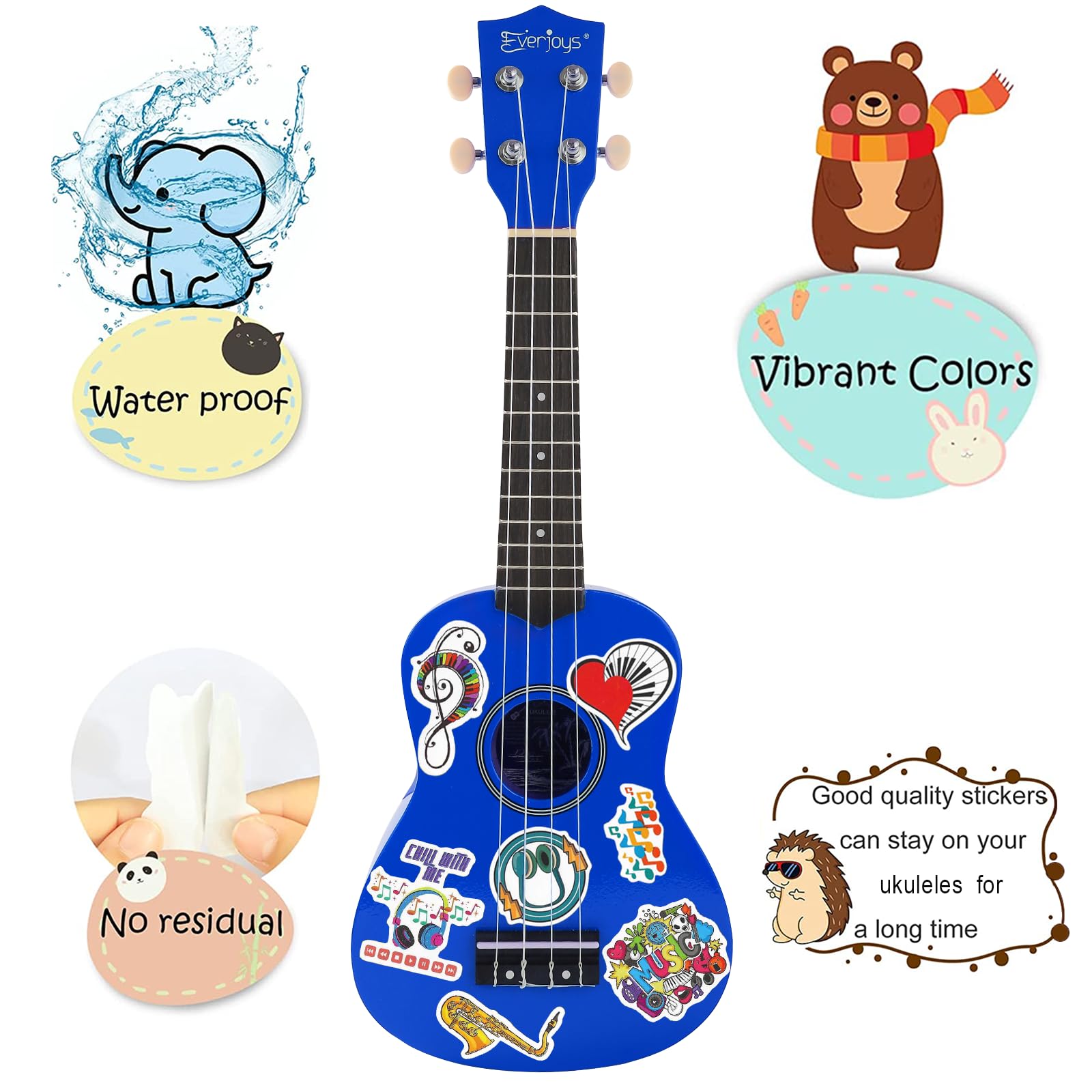 Ukulele soprano per principianti, kit per bambini, adulti, studenti, 53,3 cm, borsa da concerto, tracolla con corda di ricambio, panno per la pulizia e plettri per libro dei brani (blu shinny)