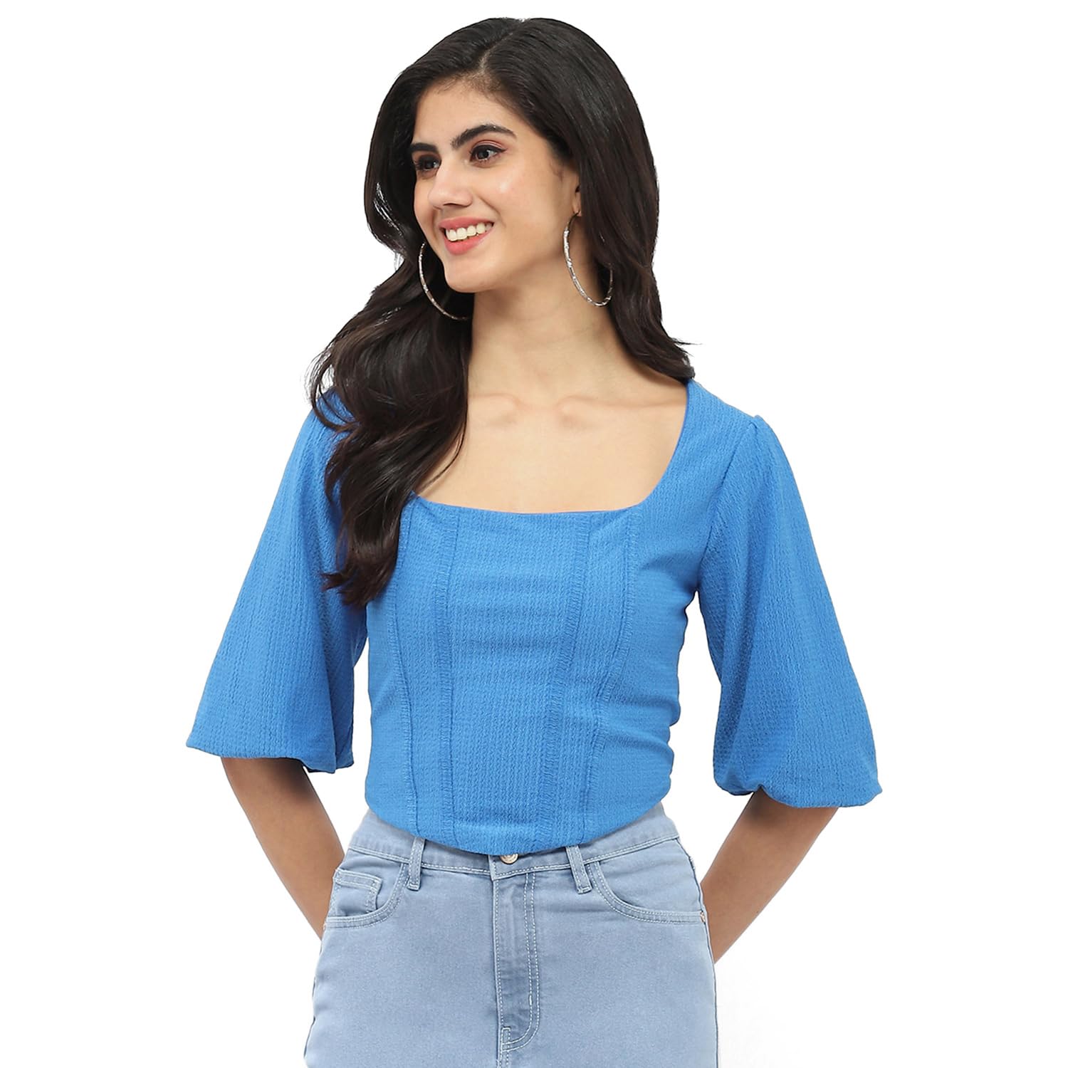 Madame Corset Inspired Royal Blue Puff Sleeve Top