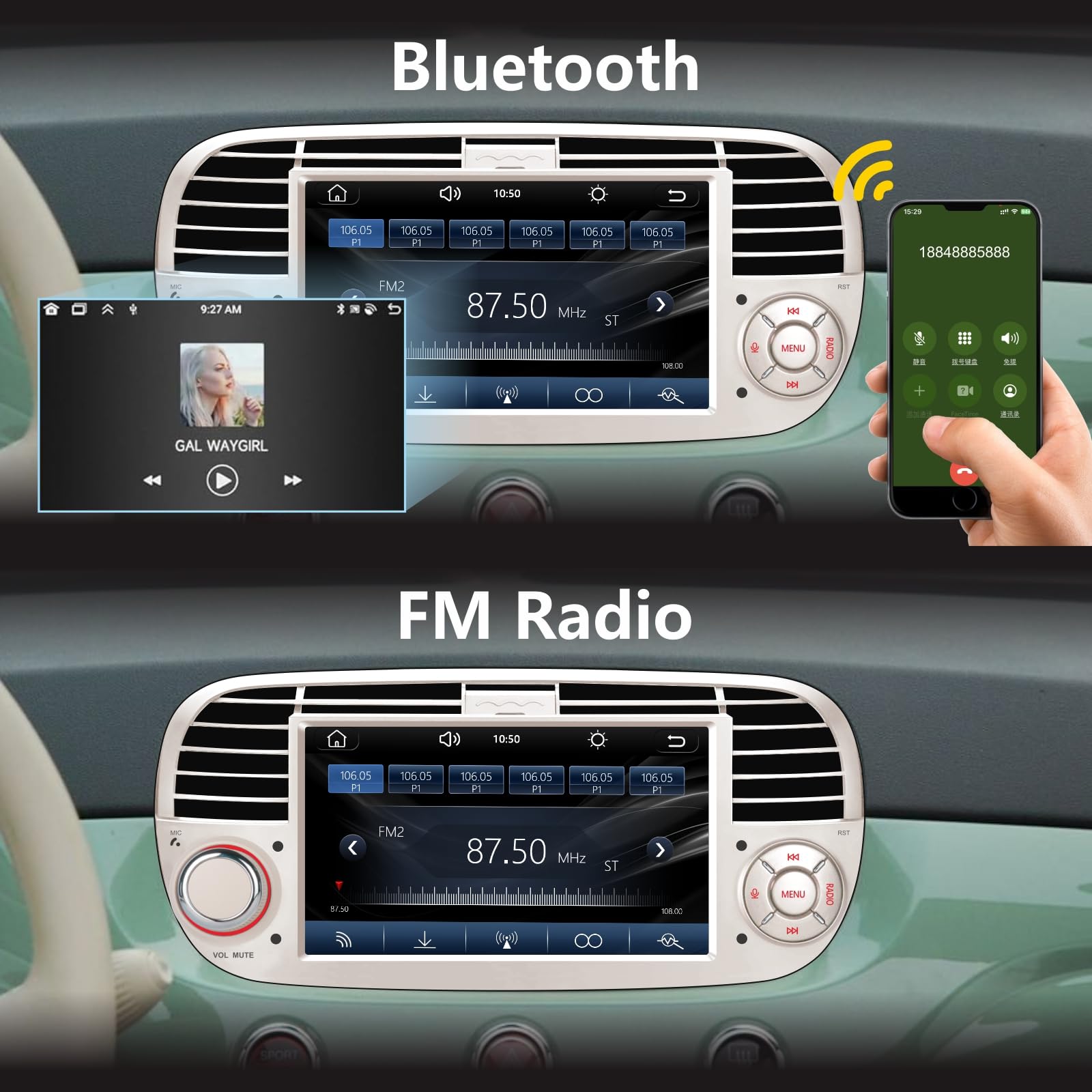 Autoradio pour Fiat 500 2007-2015, sans Fil Tactile CarPlay Android Auto Radio Système Linux avec écran GPS Navi 7 Pouces/FM/AM/USB/Mirror Link/HD Touch Display (Bianco)
