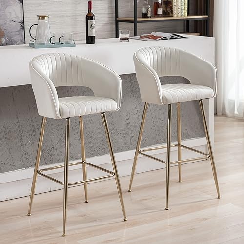 Juego de 2 taburetes de bar de 30 pulgadas color dorado crema, sillas altas de comedor tapizadas de terciopelo con respaldo copetudo, taburetes de