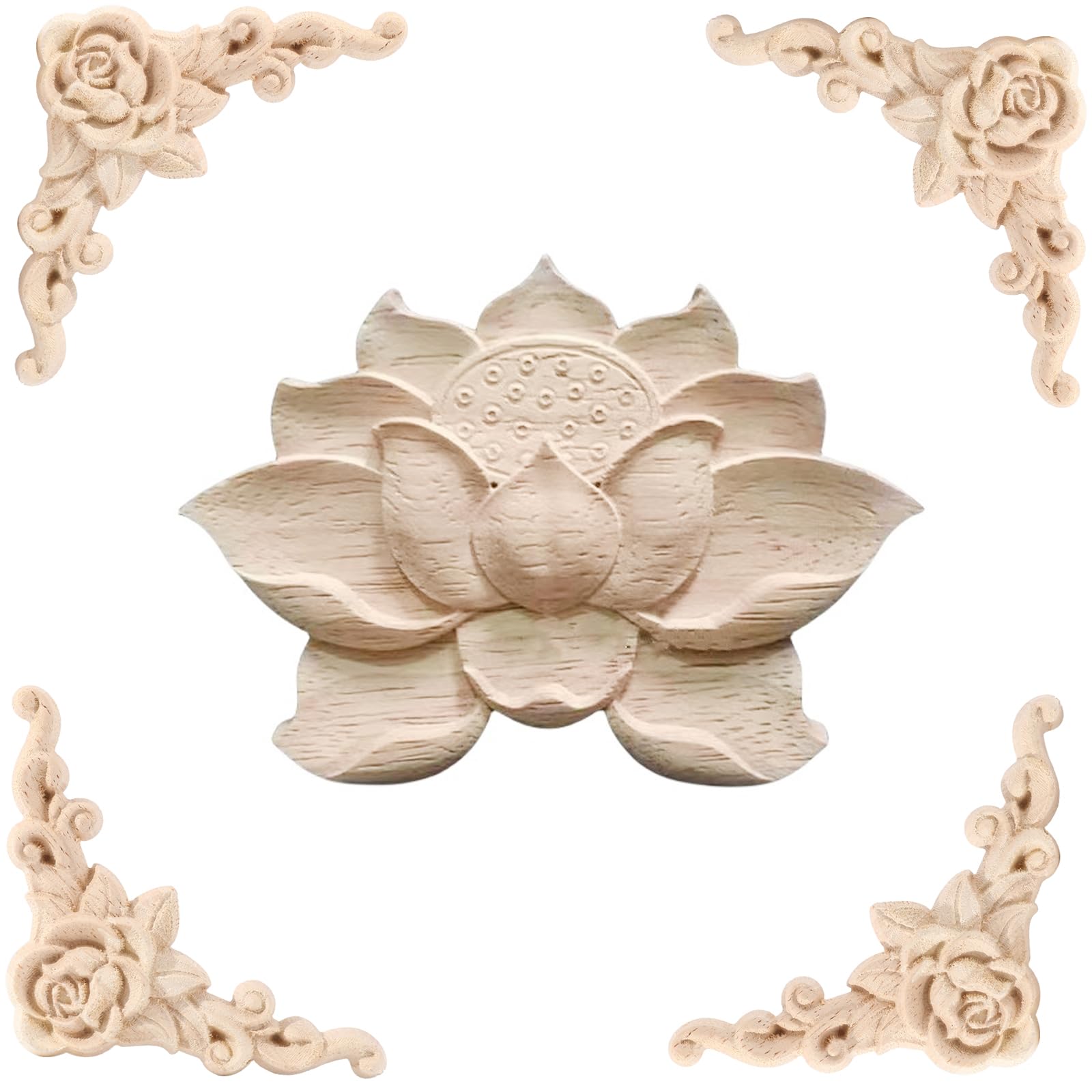 BSYMDH 5PCS Hand Wood Carved Onlay Applique Wood Appliques Onlays DIY Carved Furniture Appliques Onlays Unpainted Carving Decal for Bed Door Cabinet