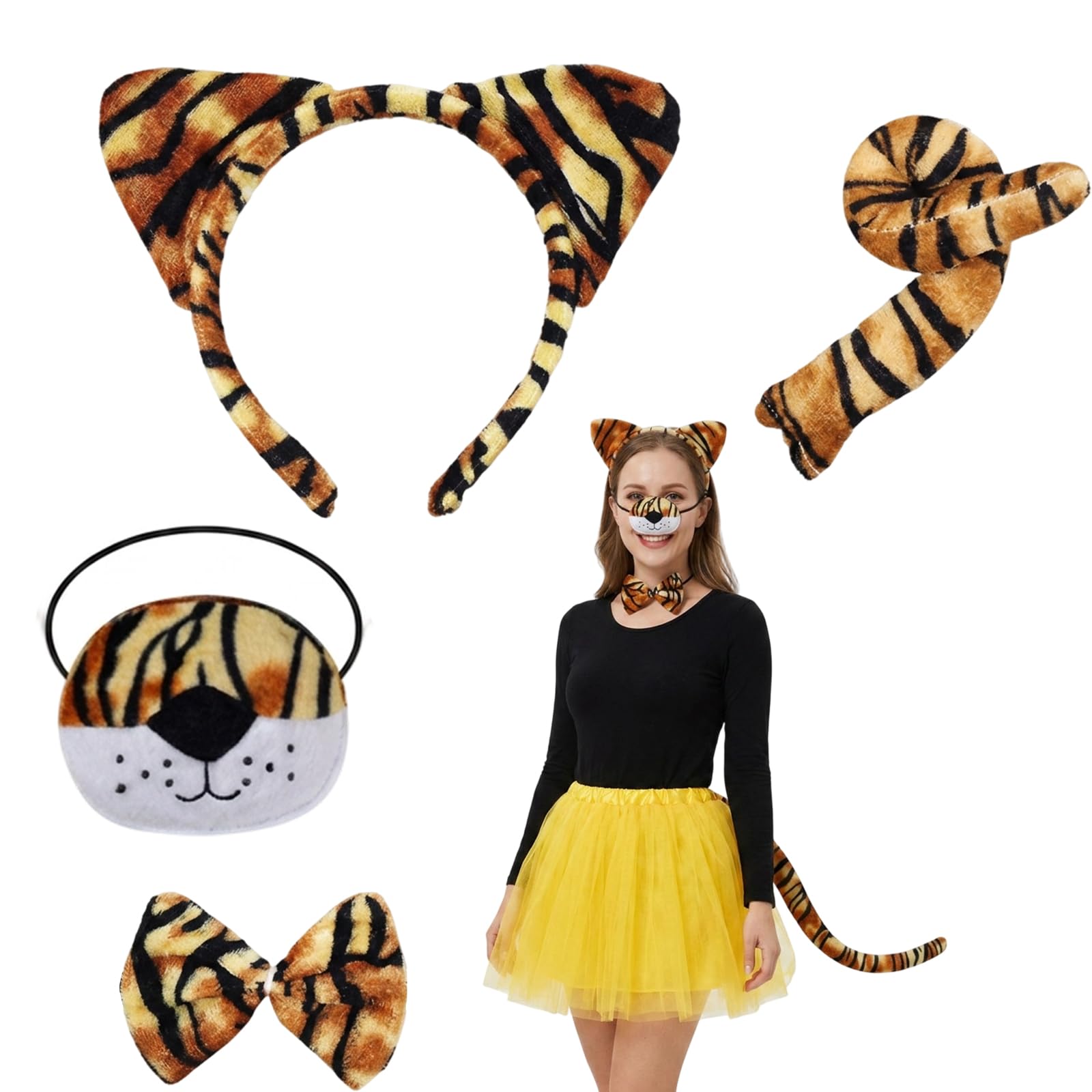 JISRKP 4-Piece Tiger Costume Set, Tiger Ears, Tail, Face Sticker, Bow Tie