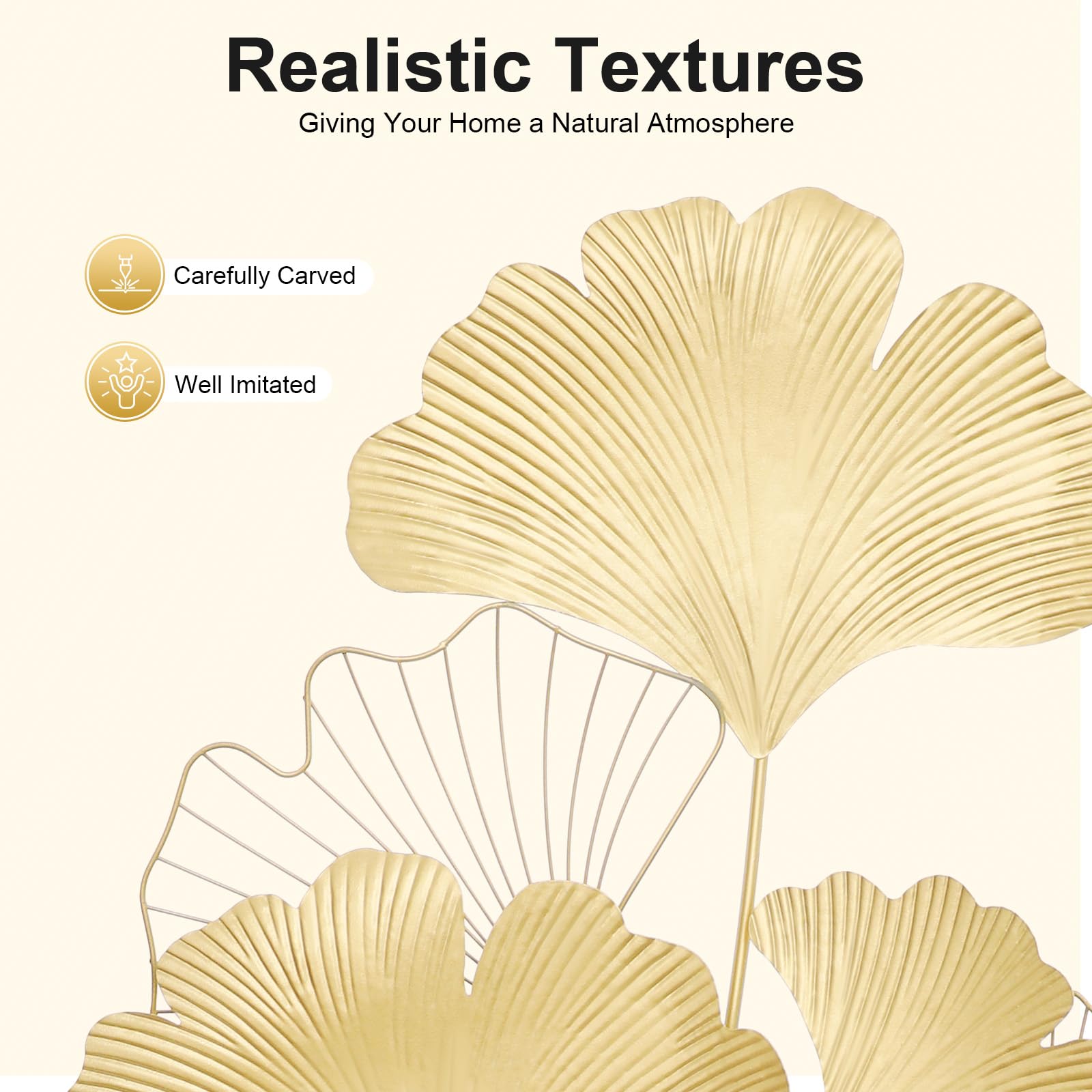 Decorazione da parete in metallo a forma di foglia di ginkgo dorata decorazione 3D per soggiorno, adatta per abitazioni, ville, alberghi, ristoranti e locali commerciali pubblici, dimensioni 109 × 55