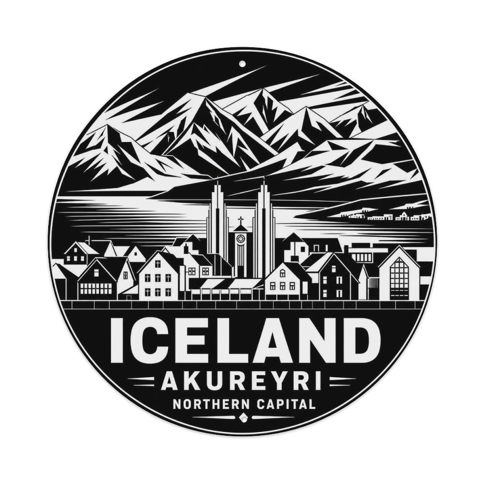 Akureyri Northern Icelandic Monochrome Europe Travel Metal Tin Sign