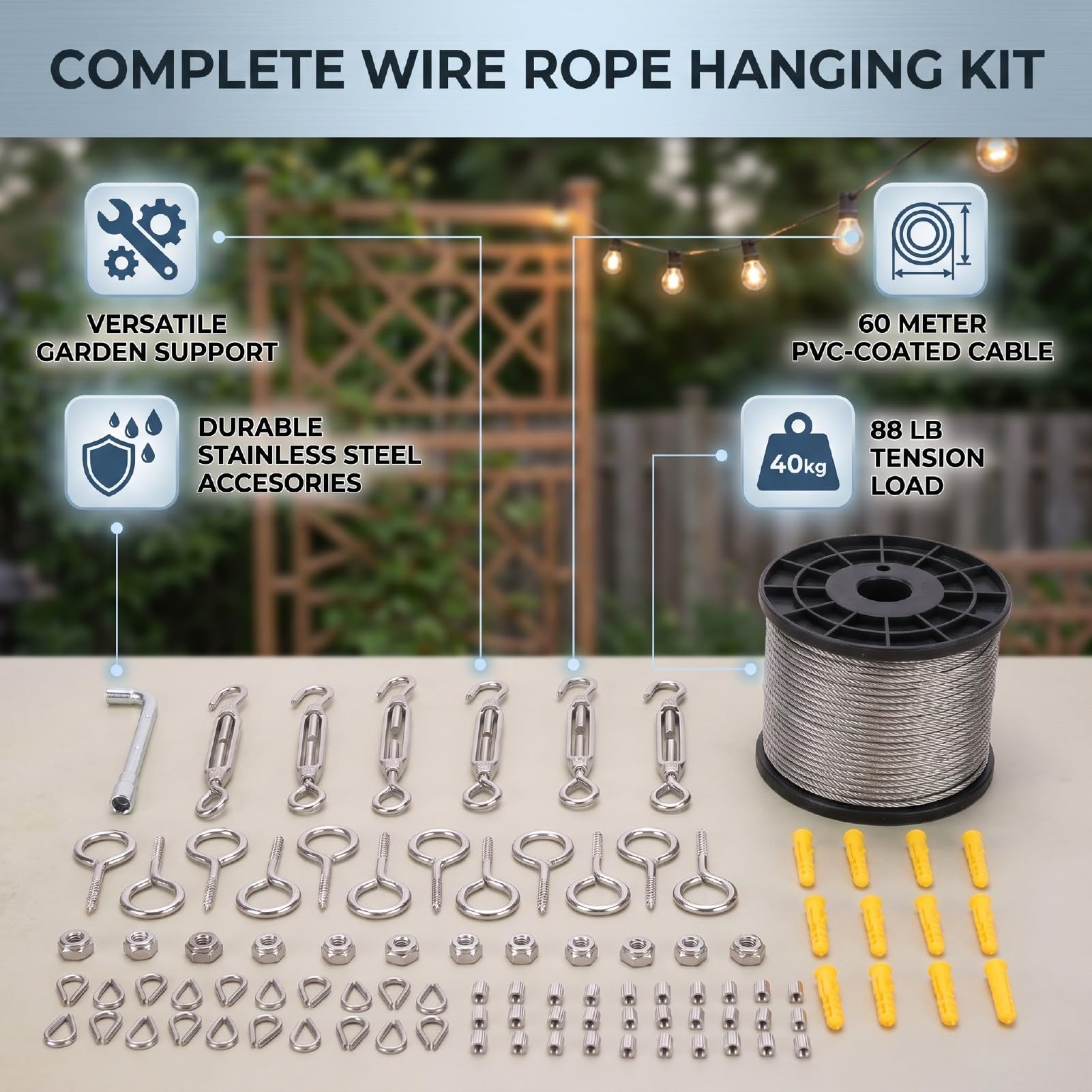 Kit di Attrezzi per Crimpare Fune, Cavo in Acciaio Inossidabile da 60 M 2 Mm con 30 Manicotti di Crimpatura 20 Ditali 12 Morsetti per Corda per Luce a Corda per Recinzione a