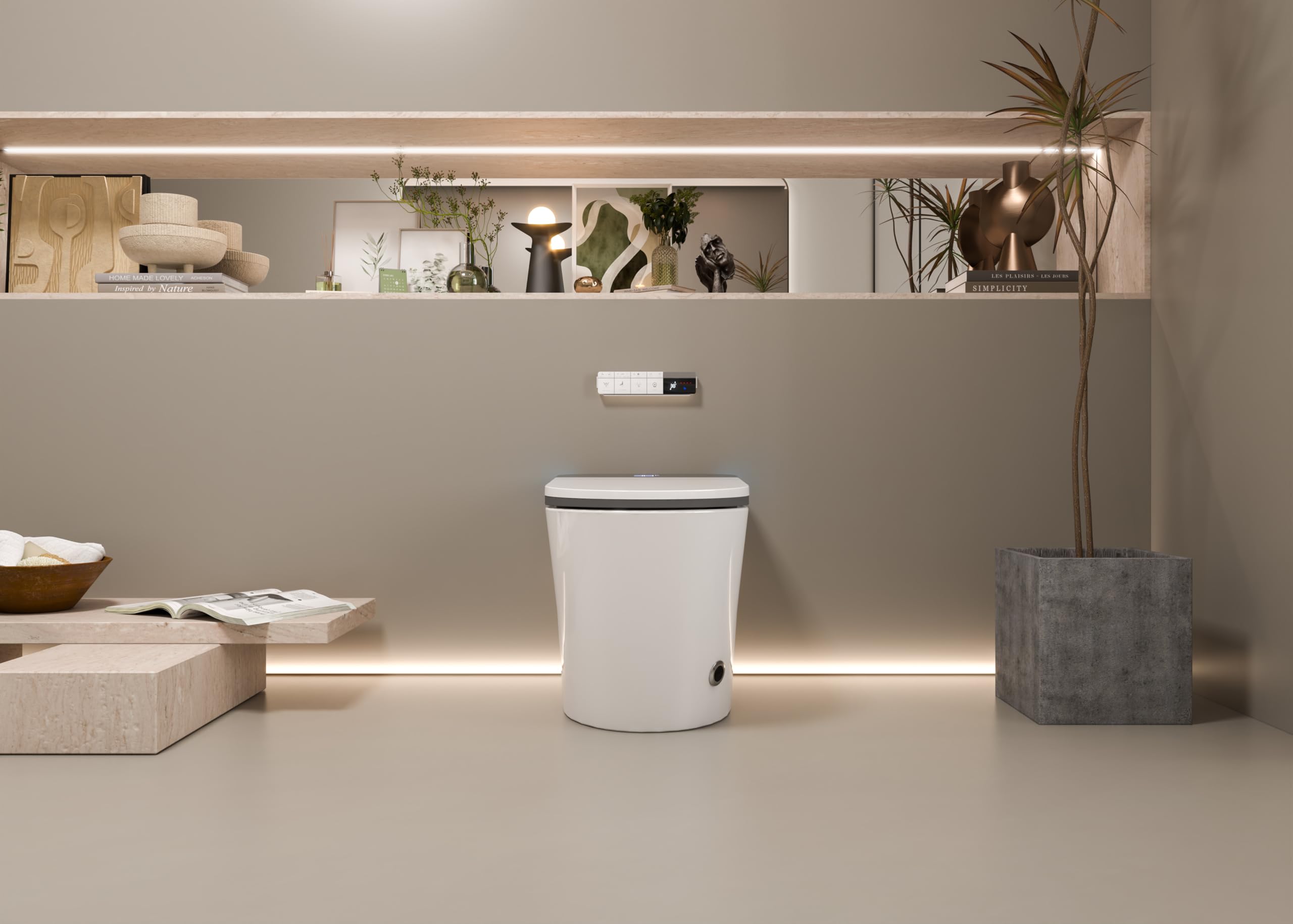 Lussuoso WC allungato con bidet intelligente, doppio risciacquo, apertura e chiusura automatica, sedile riscaldato, scarico a parete, bianco