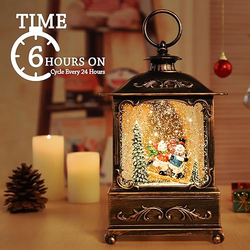 Miniatura 5 de Farol de globo de nieve de Navidad, decoraciones de Navidad, faroles brillantes de agua con música y temporizador, forro USBfunciona con pilas,