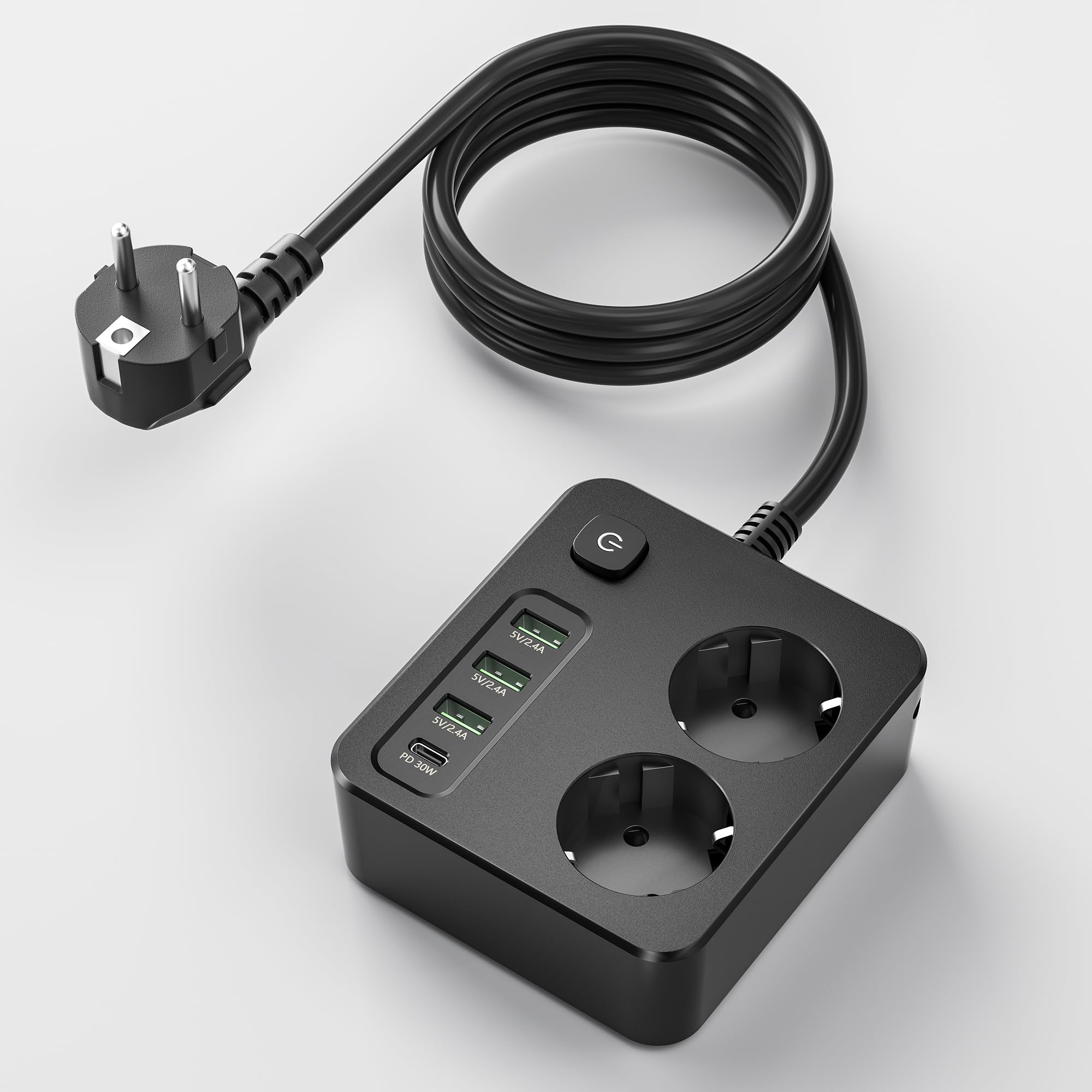 RIXGLEAM Mehrfachsteckdose mit USB (30W), 6-in-1 Steckdosenwürfel 3840W Steckdosenleiste Überspannungsschutz mit Verlängerungskabel 2M, Schreibtisch Steckdose für Büro, Reise, Schwarz