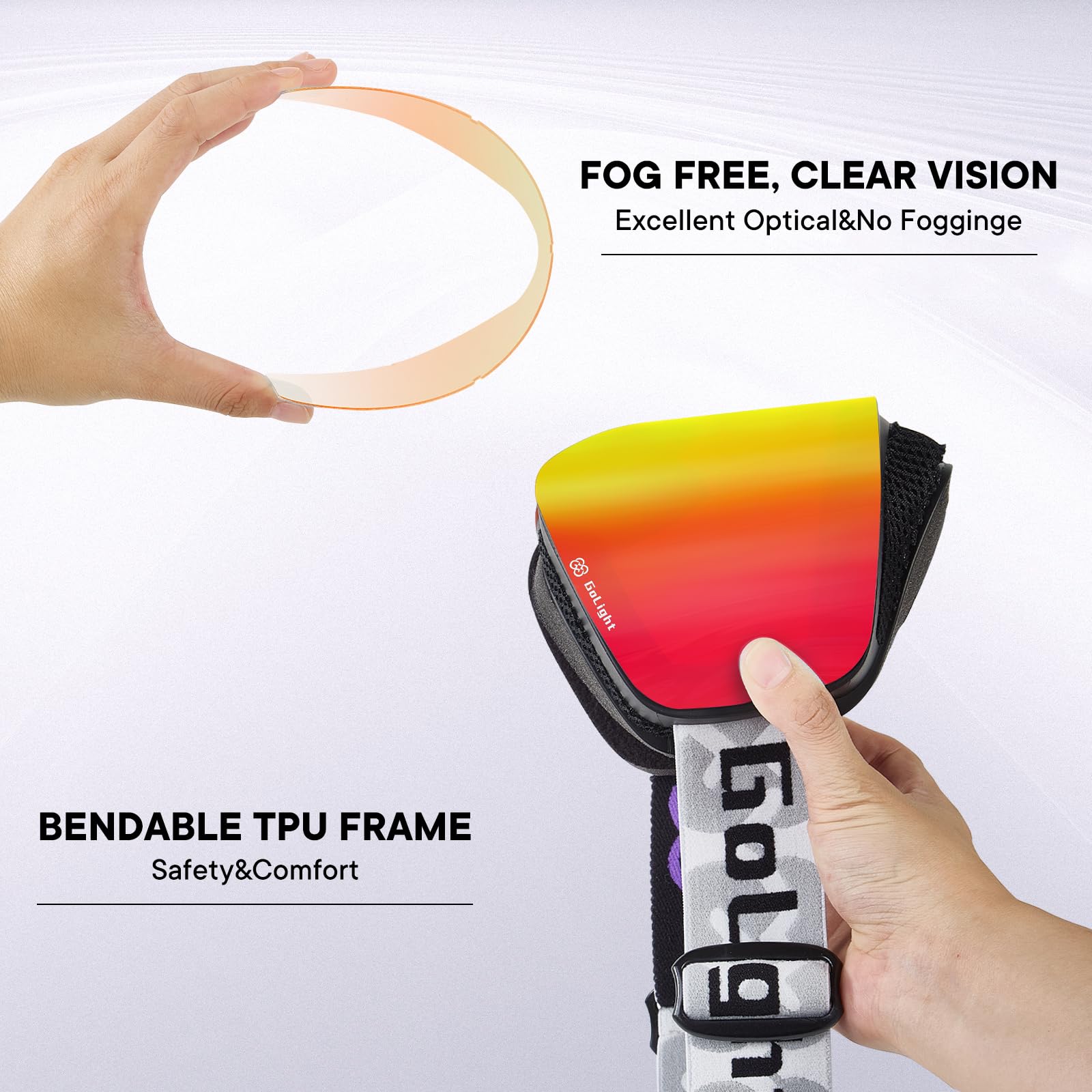 GoLight OTG Gogle narciarskie, okulary narciarskie dla mężczyzn i kobiet, bezramowe, 100% ochrona przed promieniowaniem UV, przeciwmgielne, unisex, śnieg, zima, do snowboardu, skuterów śnieżnych,