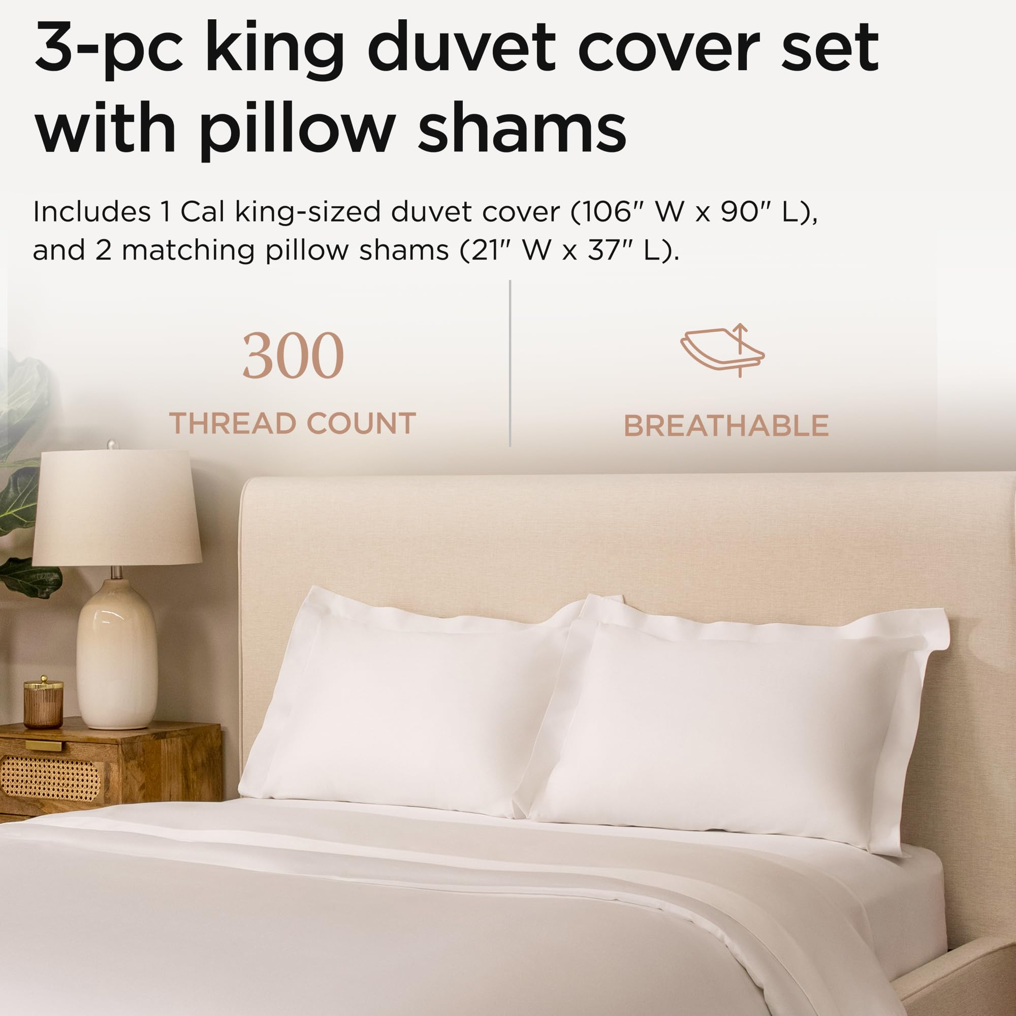 Threadmill White Duvet Cover King Size Bedding Set, Breathable Comforter Cover, Soft 3-Pc Cotton King Duvet Cover Set with 2 Pillow Shams, Button Closure & Corner Ties Fits Cal King Duvet Cover