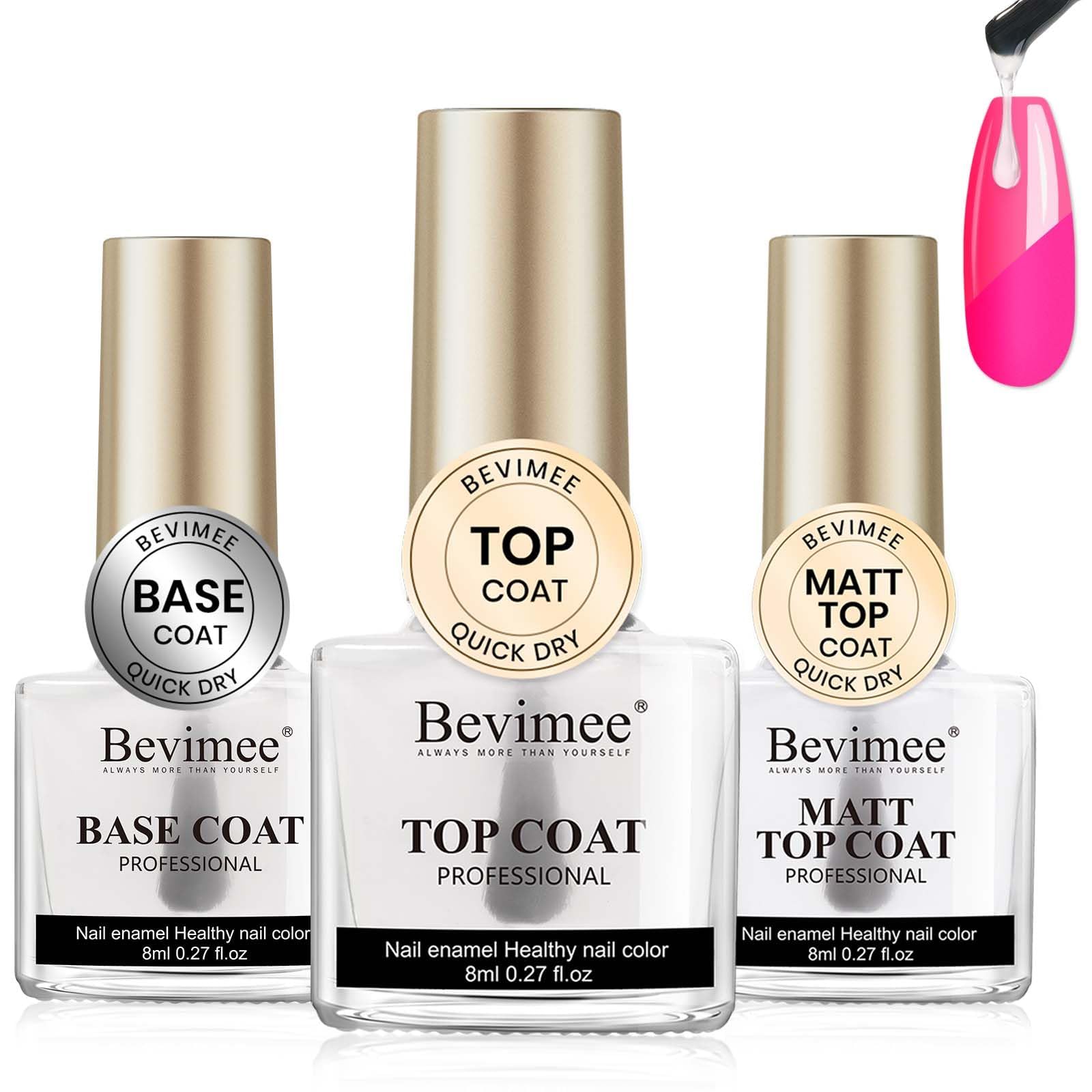 Base and Top Coat Nail Polish Set, Quick Dry, 3Pcs No Wipe Shiny/Matte Top Coat for Fingernail Non Gel Air Dry Fast Clear Nail Polish No Chip Long Lasting Nail Protective DIY at Home