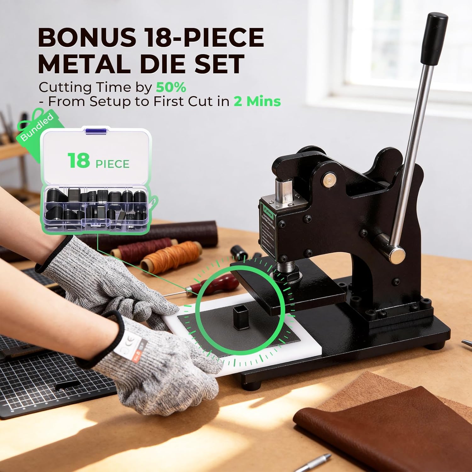 5x3.5inch Small Leather Die Cutting Machine - 1 Ton Pressure with 18-Piece Die Set, Compact Desk-Friendly for DIY Crafting, Manual Die Cutter Stamping Machine, Adjustable Pressure Stroke
