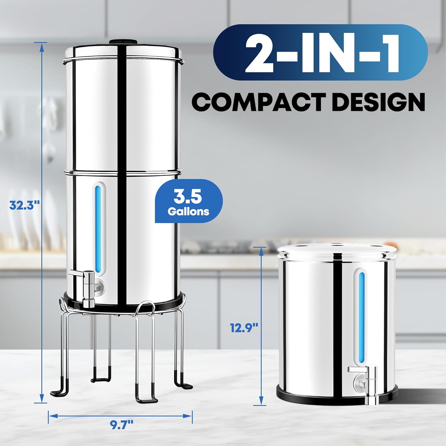 3.5 Gallon Gravity Water Filter System with 3 Stage 0.001?m Ultra-Filtration, Stainless Steel Water Filtration System, Include 3 Filters, Metal Stand&Spigot, Reduce 99.99% Chlorine - 2025 Upgraded