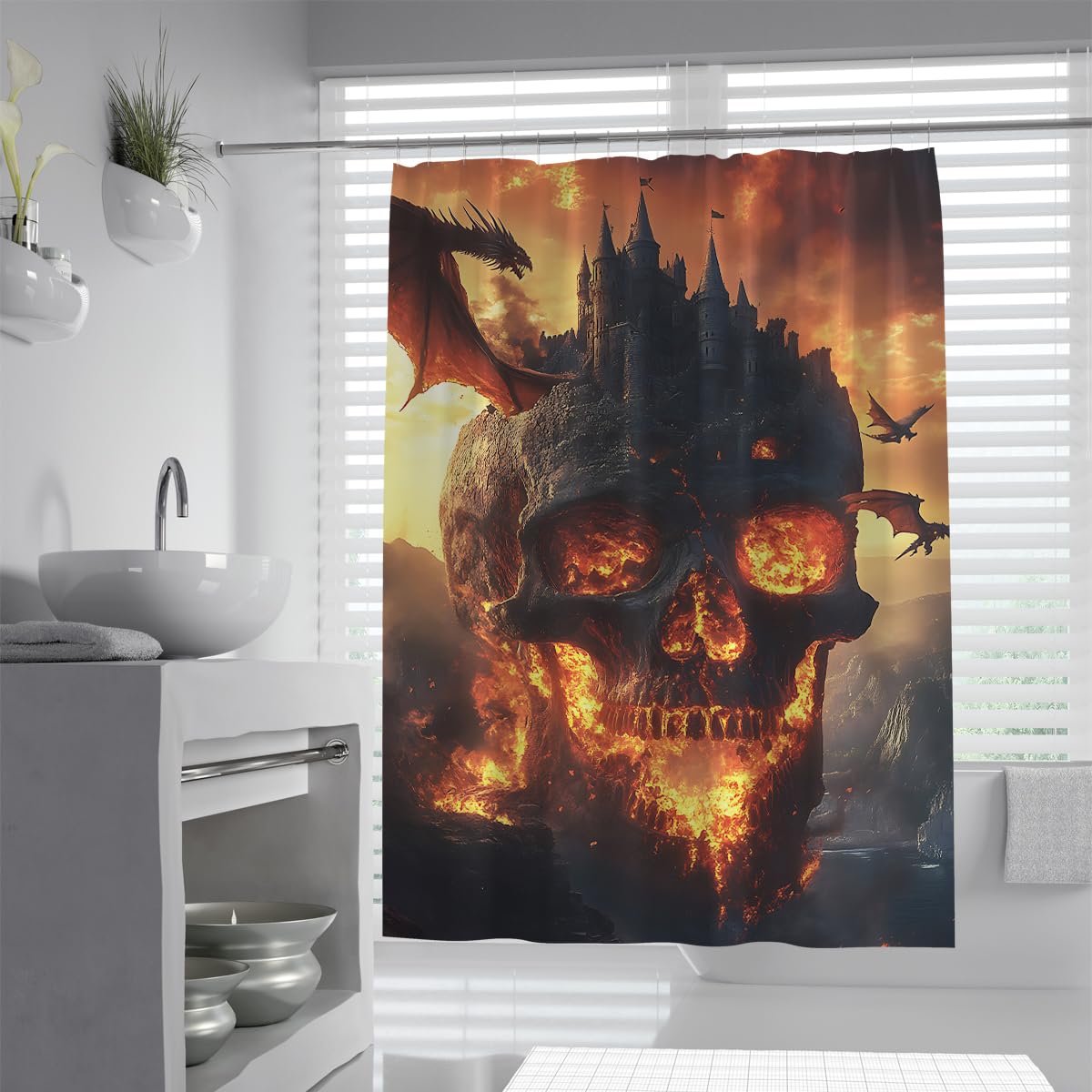 Dragon Castle Skull Duschvorhang Gothic Halloween Badezimmer 150x200cm