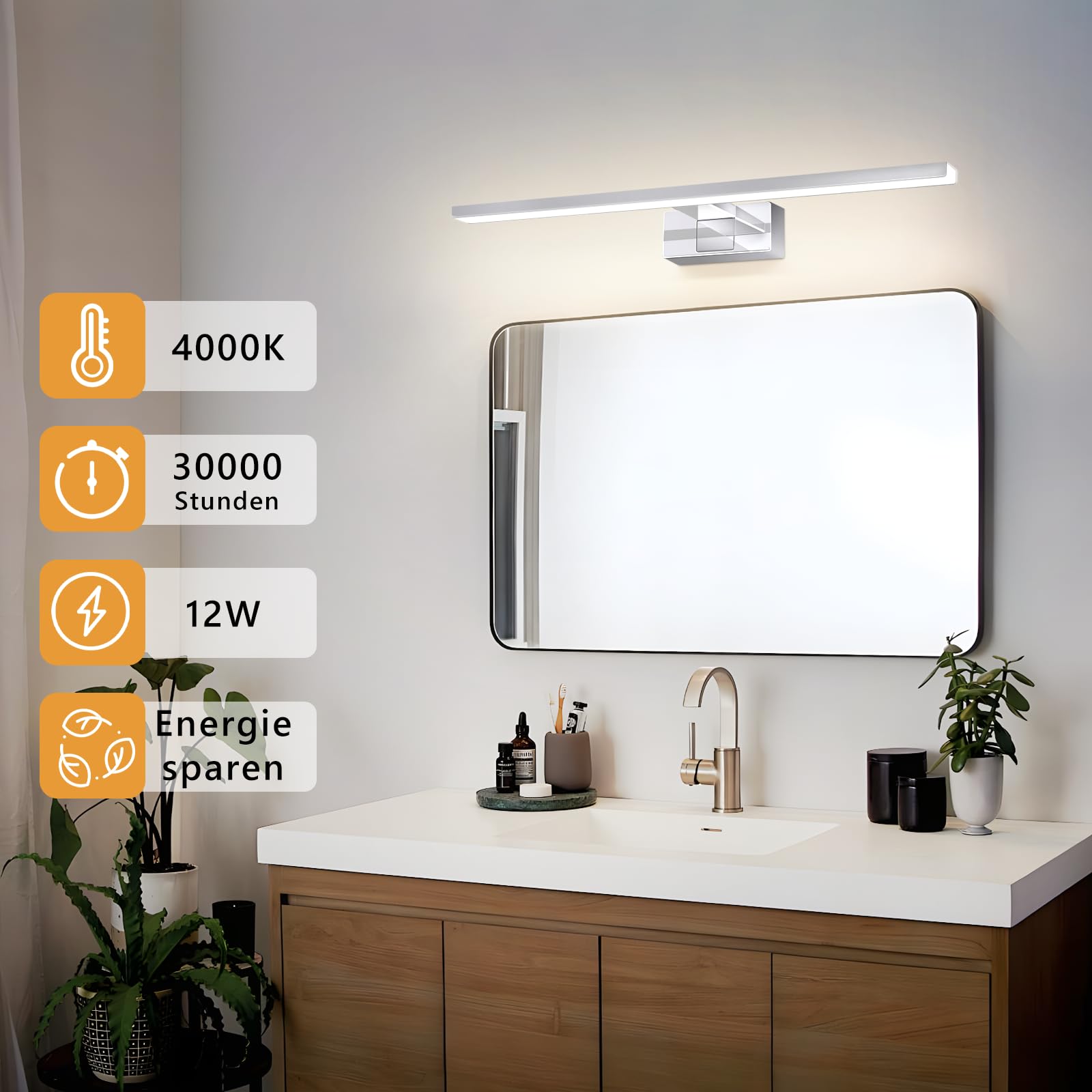 LED Aplique Espejo Baño 60CM 12W Lámpara Aplique de Espejo para | Baño 4000K ámpara de Espejo IP44 Luces de Espelho Resistente al Agua para baño y Armario con Espejo