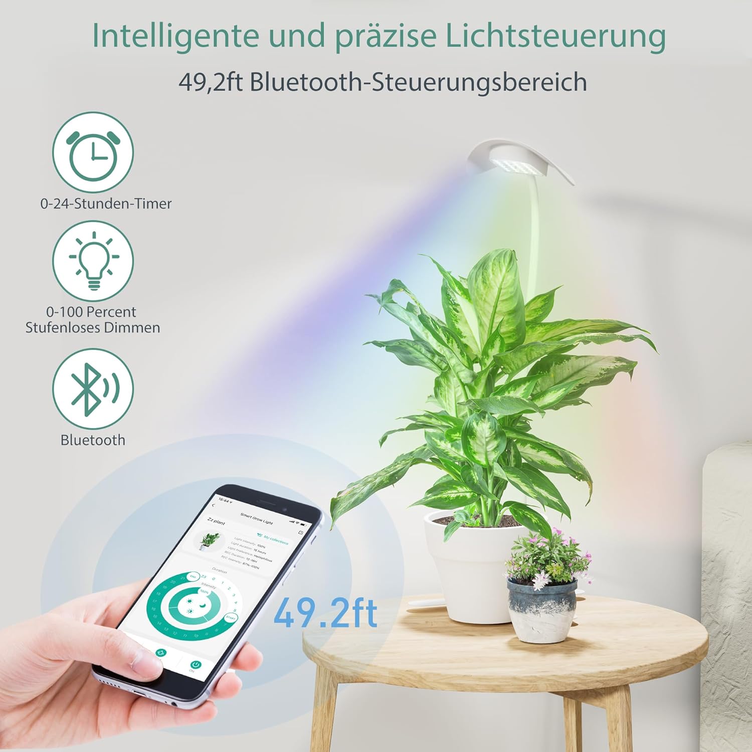 Bluetooth Led Lampada per Piante, Intelligente a Spettro Completo Grow Light con 27 Spettri di Crescita Delle Piante e 2 Modalità di Luce App, Collo d'oca a 360 Gradi e Rimovibile, Timer Automatico White - Immagine 2