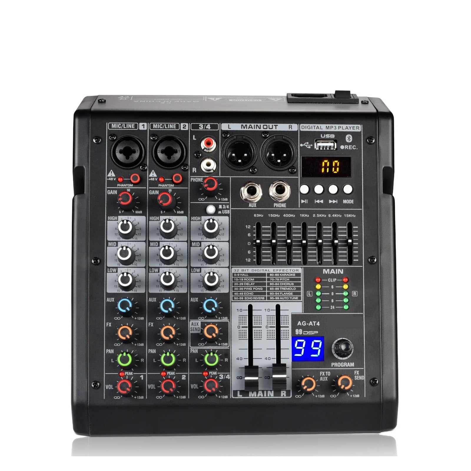 Mixer 4 Channels 99 Effect USB Mixing Console PC Record Bluetooth Studio 48V Sound Table