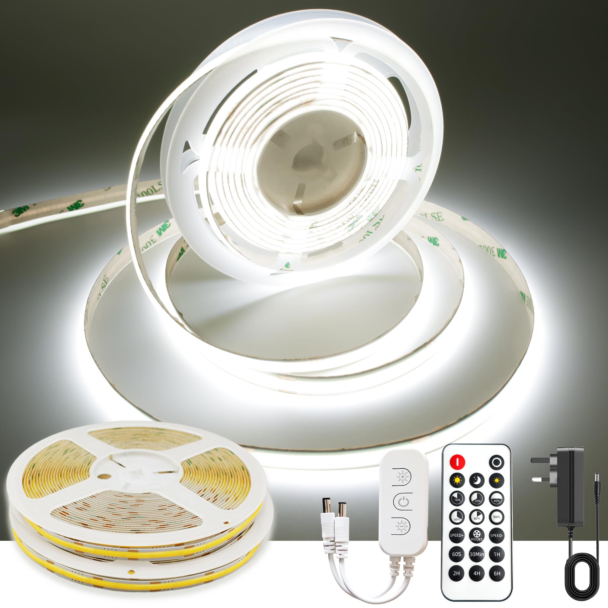 AXMOTUT 10m White COB LED Strip Light, High Bright LED Strips with 320LEDs, RF Remote and UKCA Power Supply, 6000K Dimmable LED Lights for Bedroom, Kitchen, DIY Home Decoration, 2 Rolls of 5m — image 1