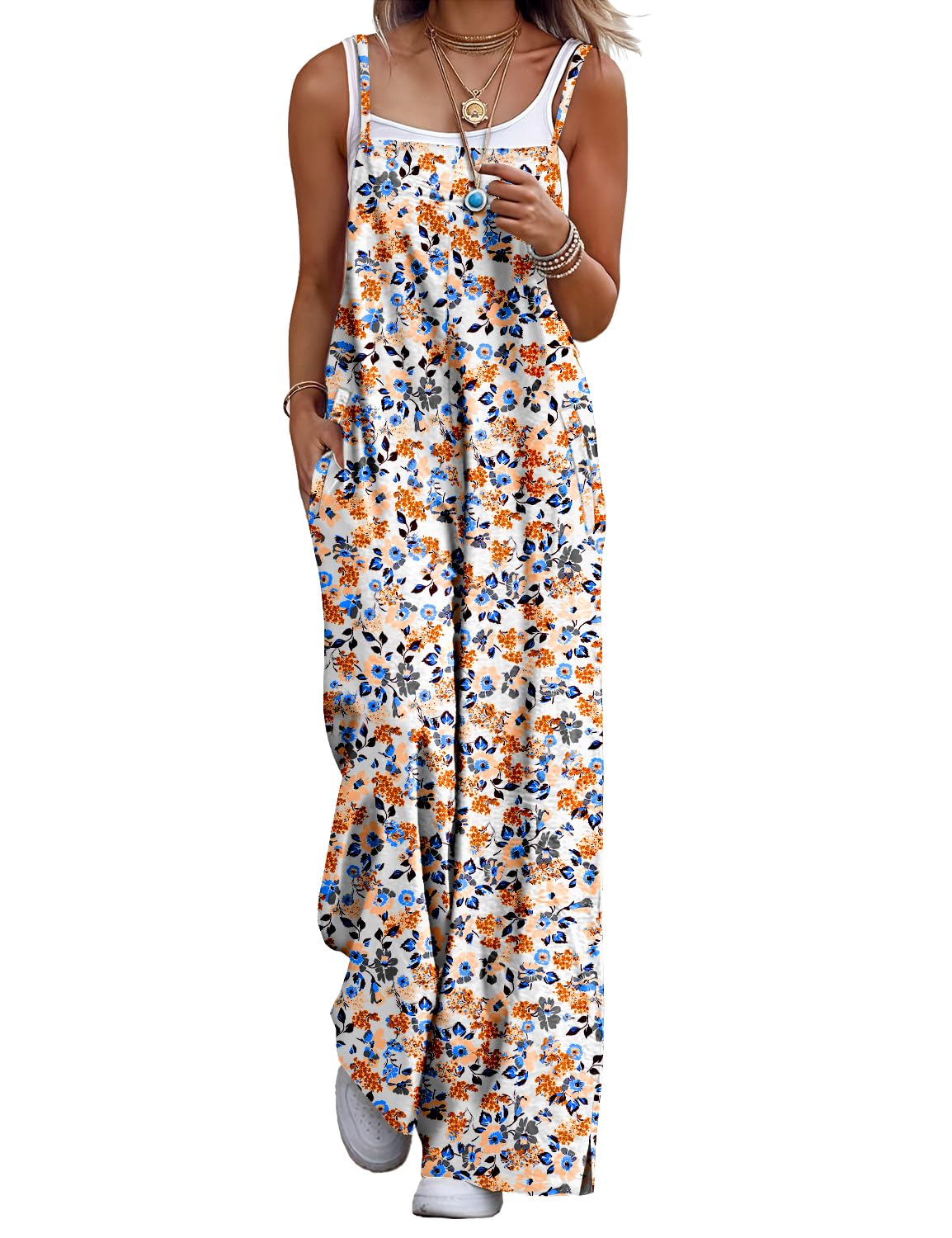 Women's Summer Boho Cotton Casual Jumpsuits Wide Leg Overalls Floral Print Baggy Rompers with Pockets PZZCR