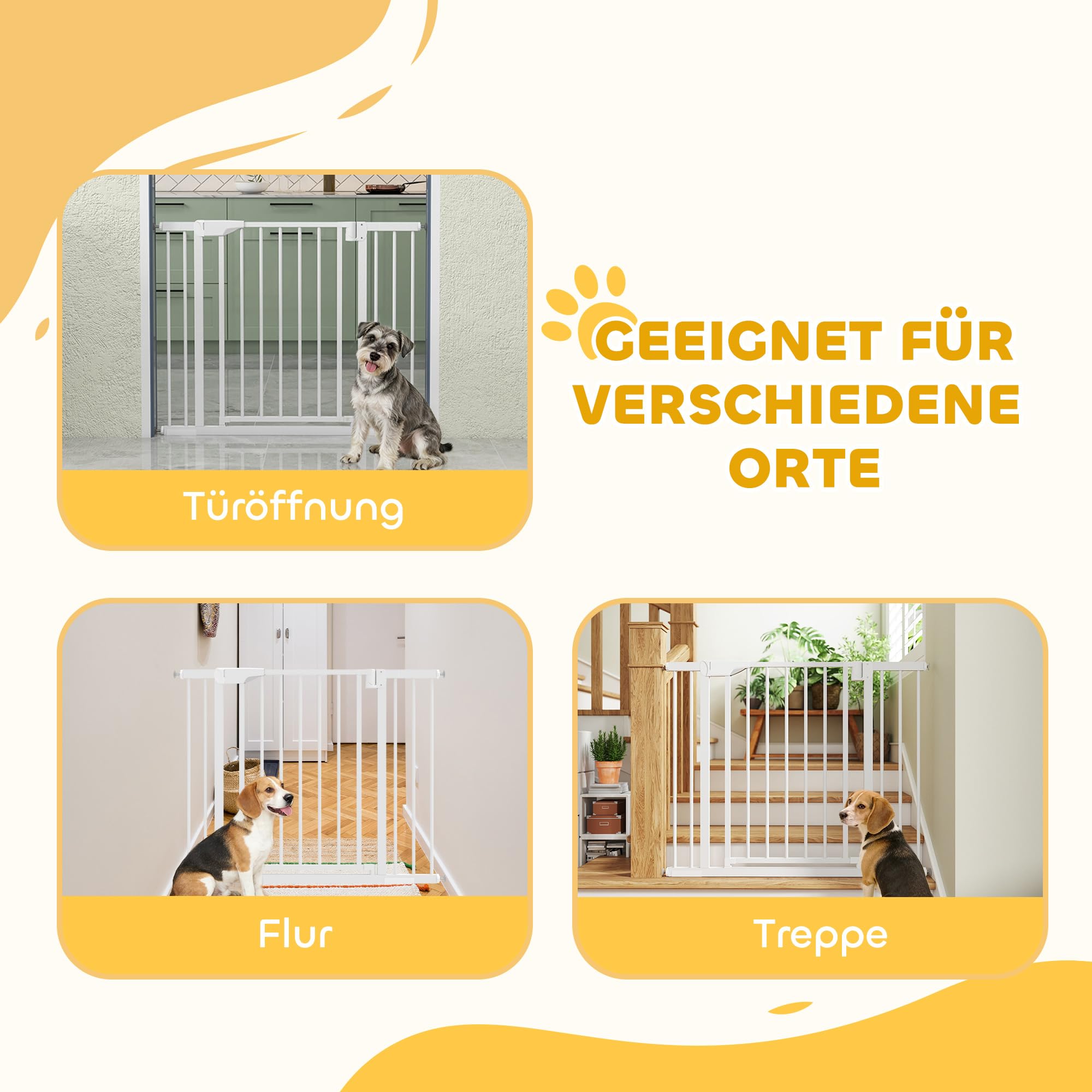 PawHut Treppenschutzgitter Ohne Bohren mit Verlängerung 76-102 x 76 cm Weiß | Absperrgitter, Hund Schutzgitter, Türschutzgitter, Automatische Schließung, Beidseitige Einhand Öffnung, für Kinder