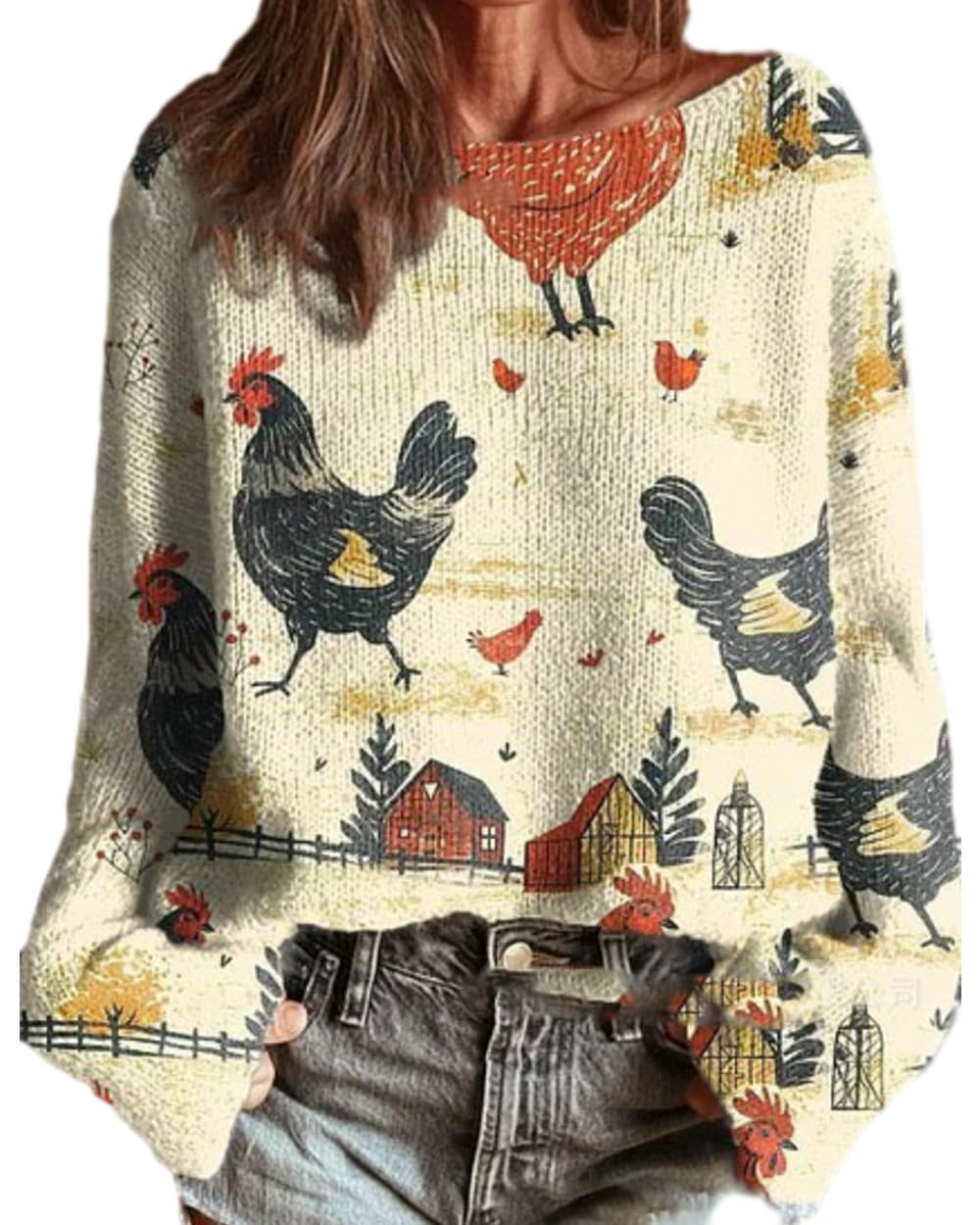 Womens Cute Colorful Floral Chicken Print Sweater Crew Neck Long Sleeve Knit Pullover Tops Early Fall Fashion Outfits