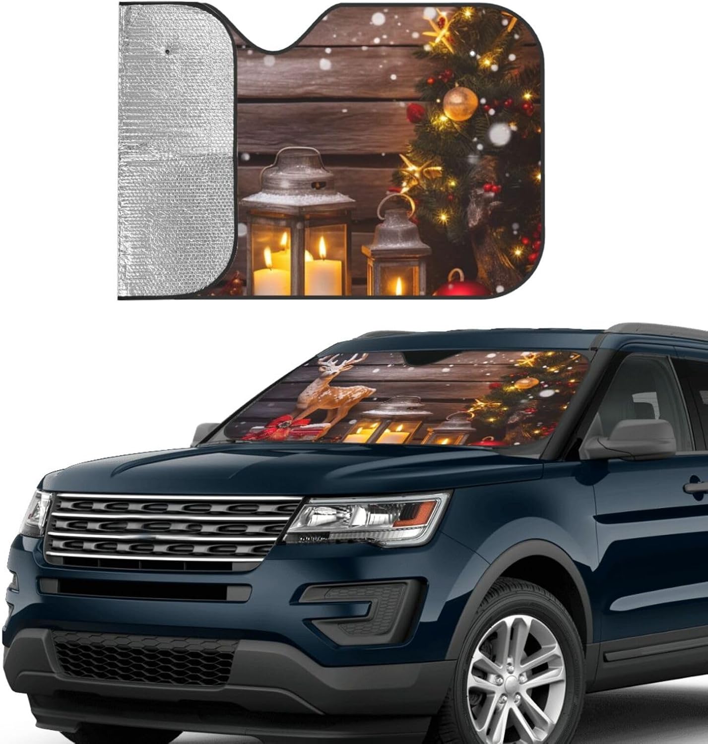 Merry Christmas Wooden Board Candle Deer Car Windshield Sun Shade Foldable Uv Ray Sun Visor Protector Sunshade Car Front Window Covers Car Accessories Keeps Your Vehicle Cool 51x27.5 Inch image 4