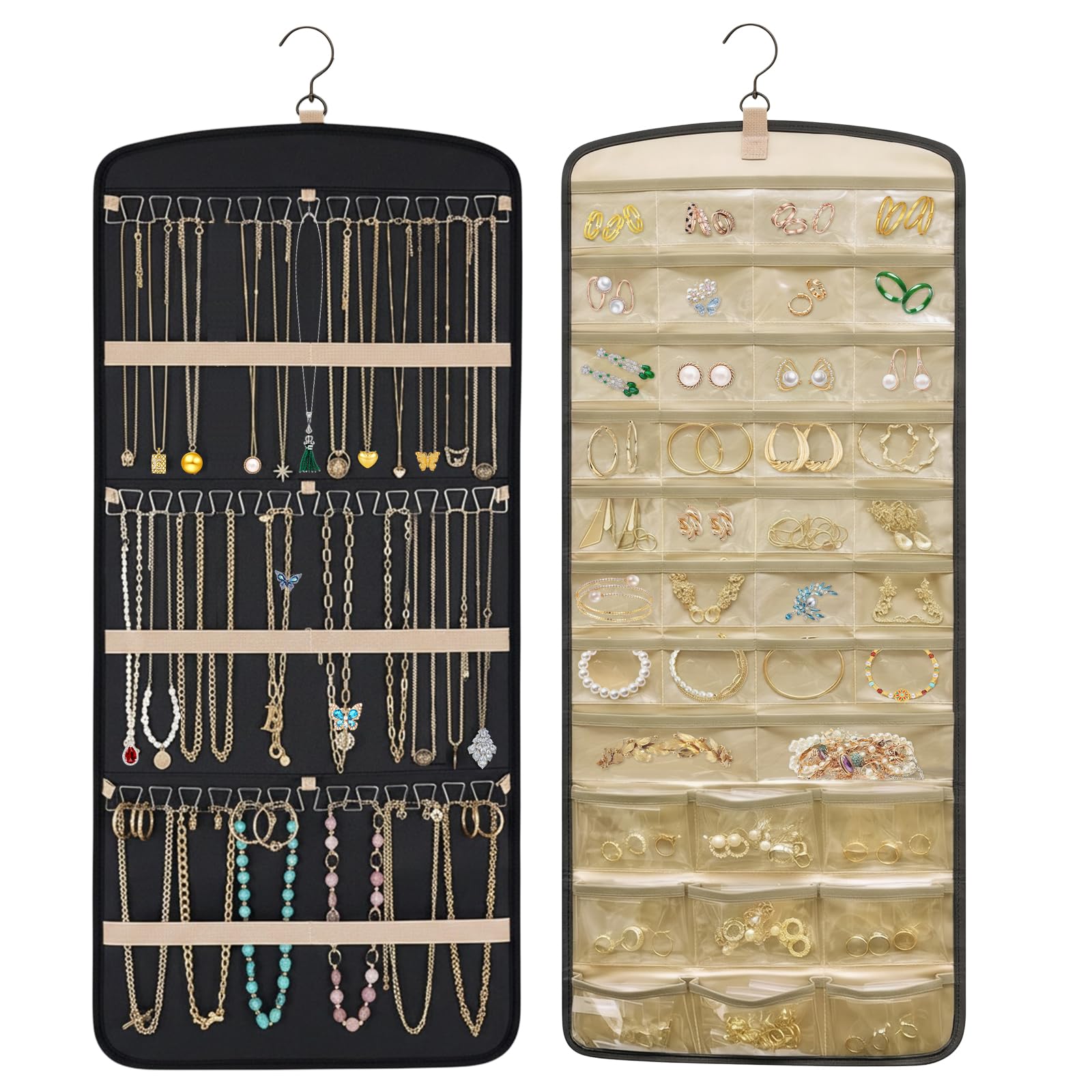 Aucuu Organizer per Gioielli da Appendere, Hanging Jewelry Organizer per Armadio, Storage Doppia Faccia per Gioielli, Porta Orecchini da Parete con 39 Tasche e 3 ganci a Forma di Onda