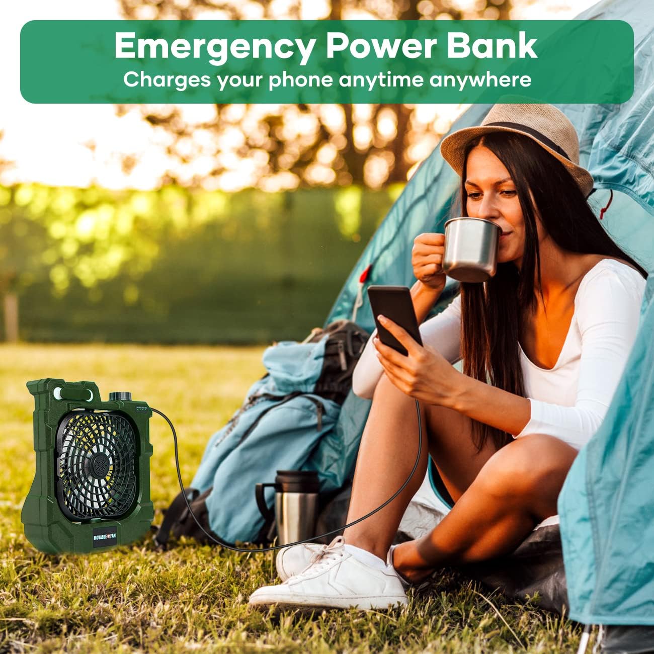 kejector Portable Rechargeable Camping Fan - Battery Operated Oscillating Fan Outdoor Travel Cordless Misting Fans with LED Lantern, USB Ports, Summer Personal Cooling Desk Fans for Tent (Green)