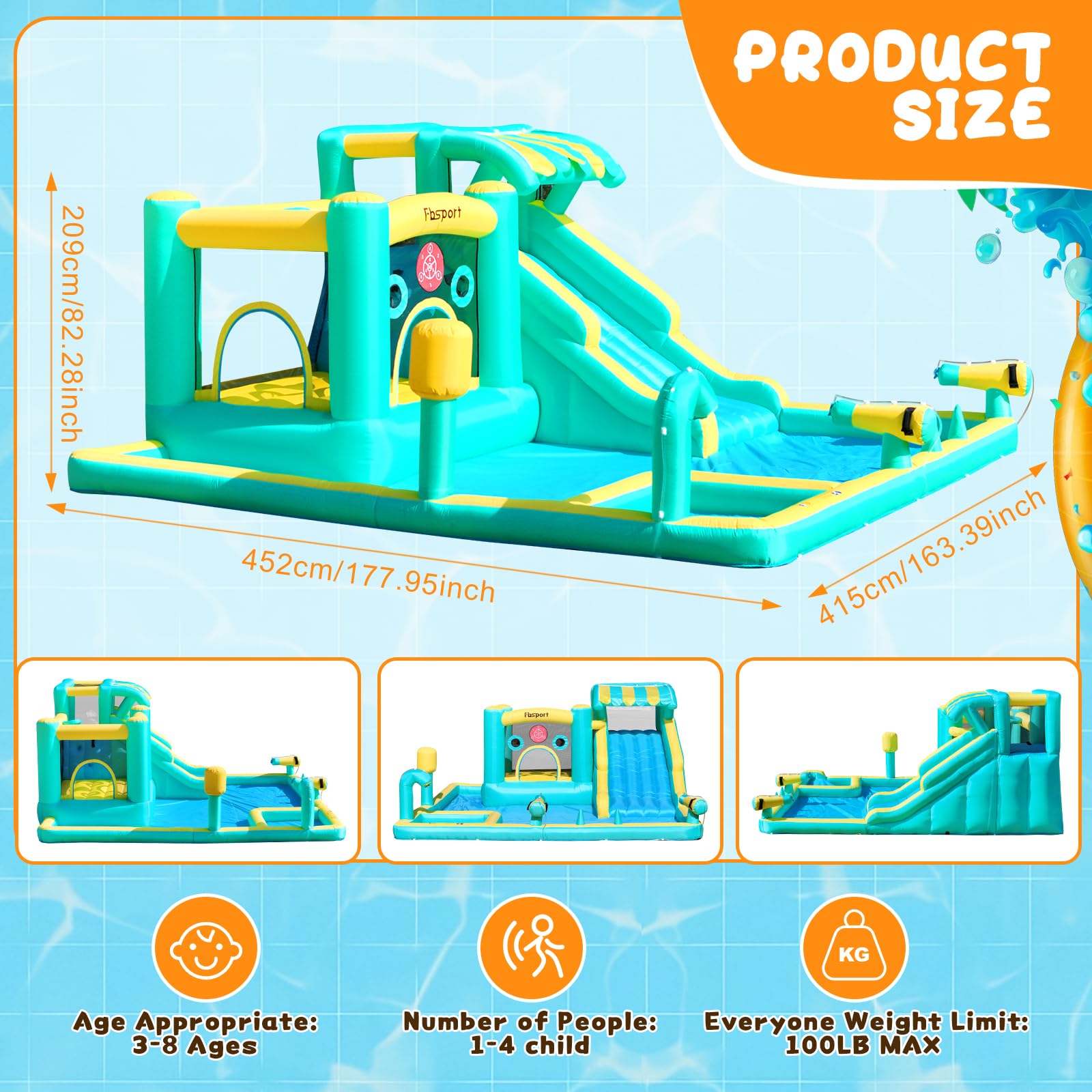 FBSPORT Castello Gonfiabile 10-in-1, Scivolo d'Acqua Castello Gonfiabile con Soffiatore 480W, da Giardino per Bambini con Piscina di Schizzo, Utilizzo Interno ed Esterno