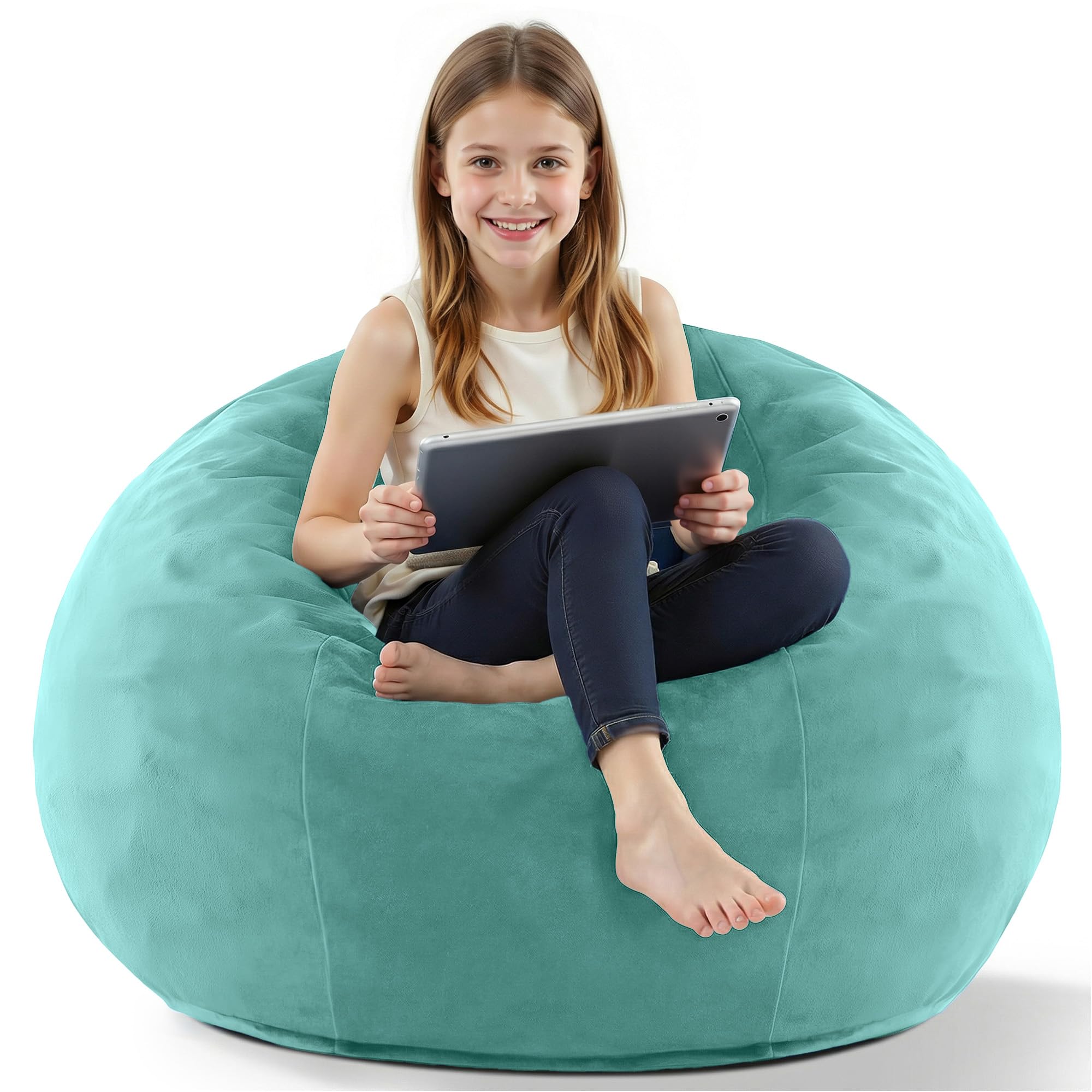 2FT Bean Bag Chair, 2' Beanbags Small Bean Bag Chairs with Filling, Teardrop Bean Bag Chair Luxurious Velvet Ultra Soft Fur with Removable Cover (Aqua Ombre)