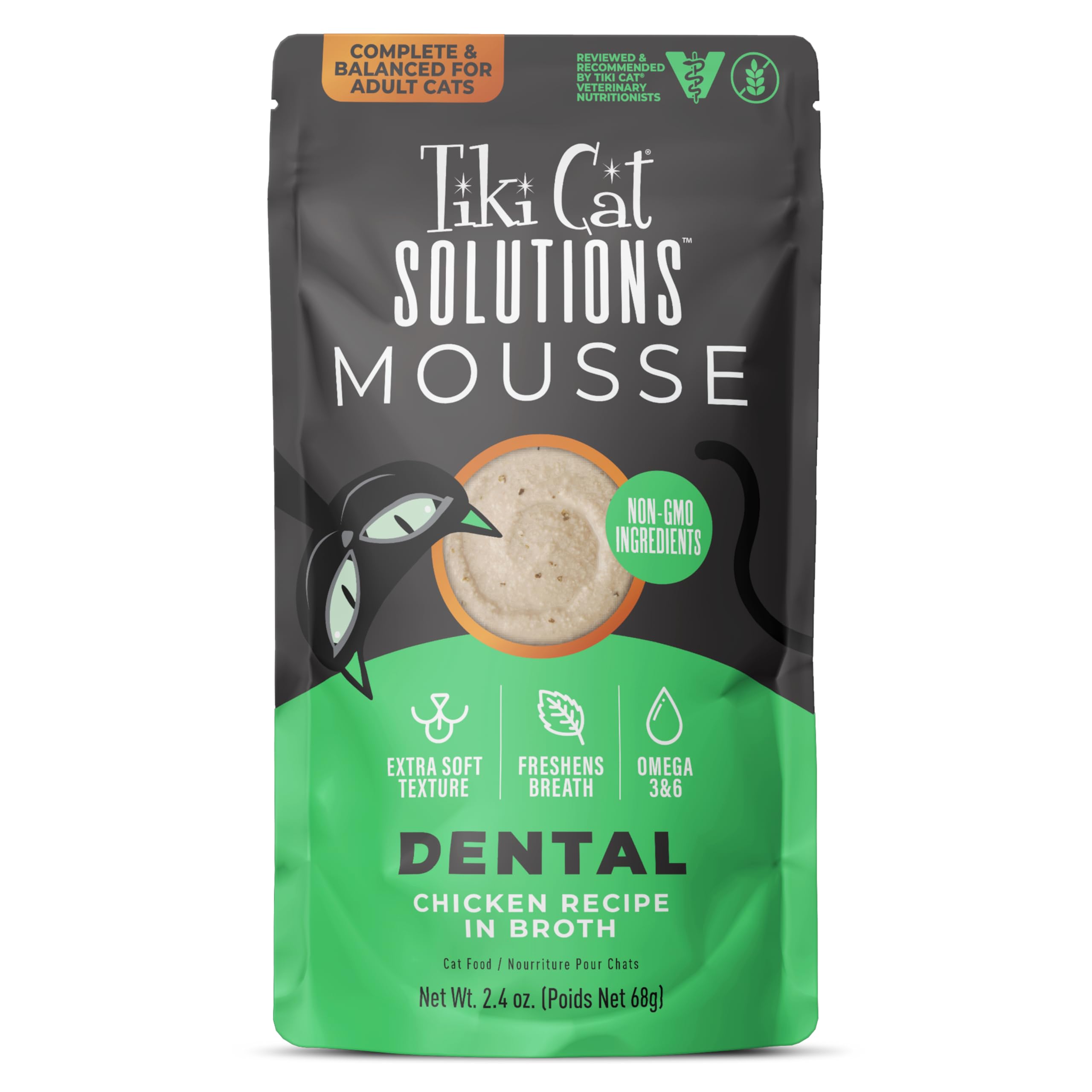 Tiki Cat Solutions Mousse Wet Cat Food, Dental, Chicken Recipe in Broth, 2.4 oz. Pouch (12 Pack)