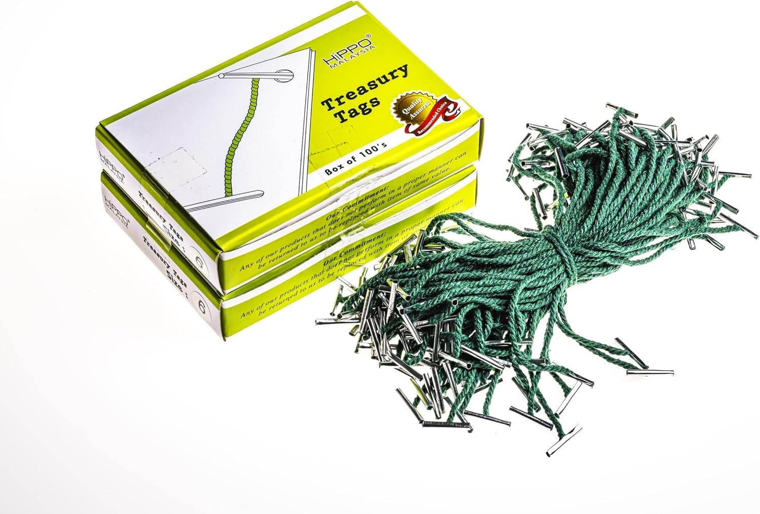 Hippo 6 Inch Short Length Metal End Green Cord Treasury Tag - Pack of 200 Highly Durable Fastening or Binding Filing Instrument Ideal