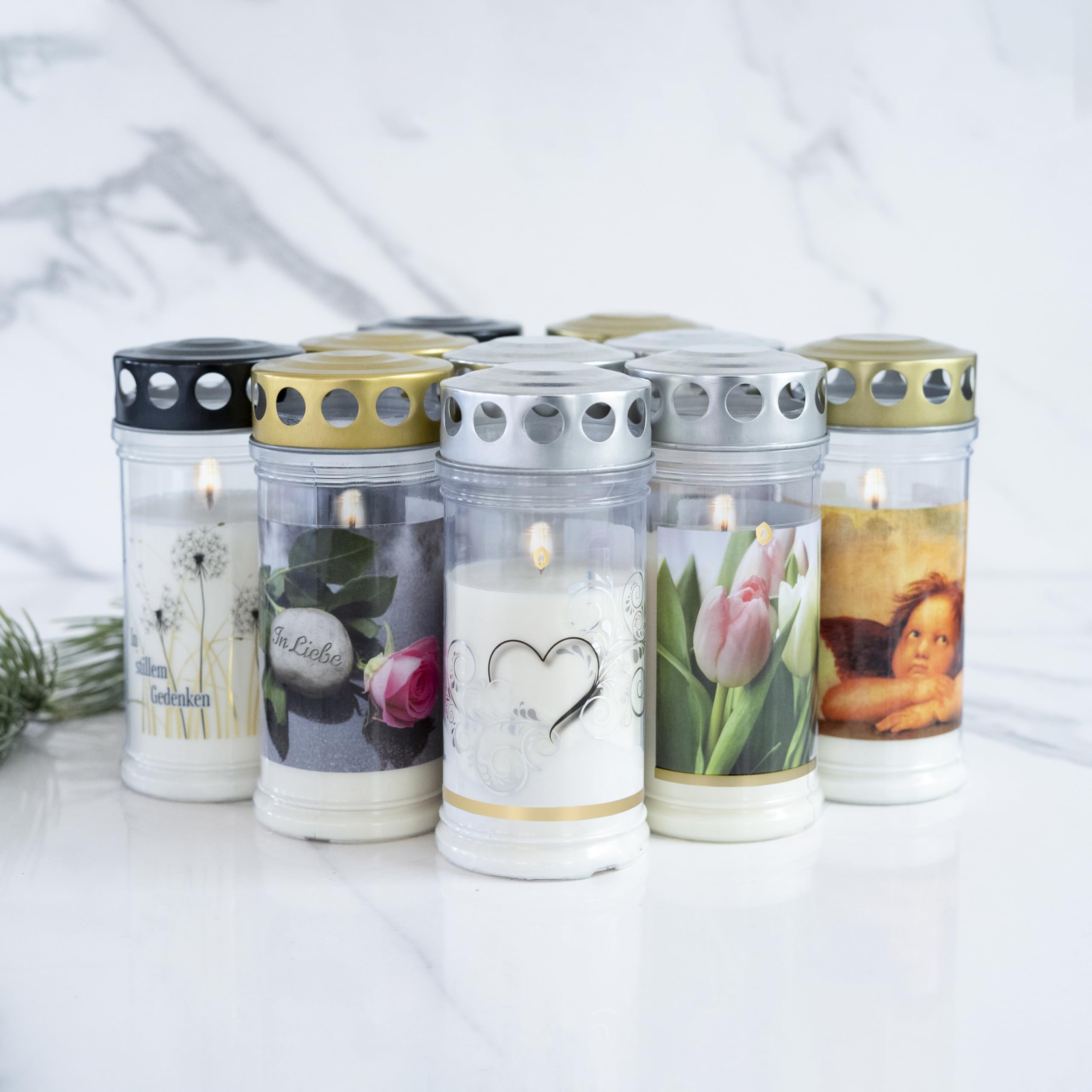 Hofer Grafkaarsen, set van 6 permanente kaarsen met deksel, wit, tot 10 dagen brandduur, rouwkaarsen met deksel, XL-graflicht, begraafplaatskaars, kaarsen voor grafdecoratie, grafdecoratie
