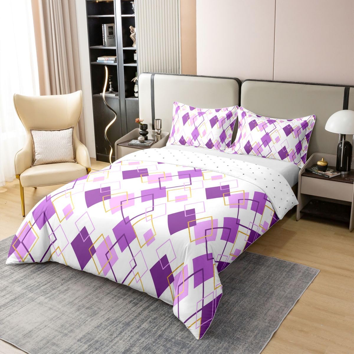 Homewish Fioletowy abstrakcyjny super king zestaw pościeli nowoczesny minimalistyczny geometryczny bawełna poszewka na kołdrę złota kwadratowa poszewka na kołdrę prosta współczesna estetyczna pościel