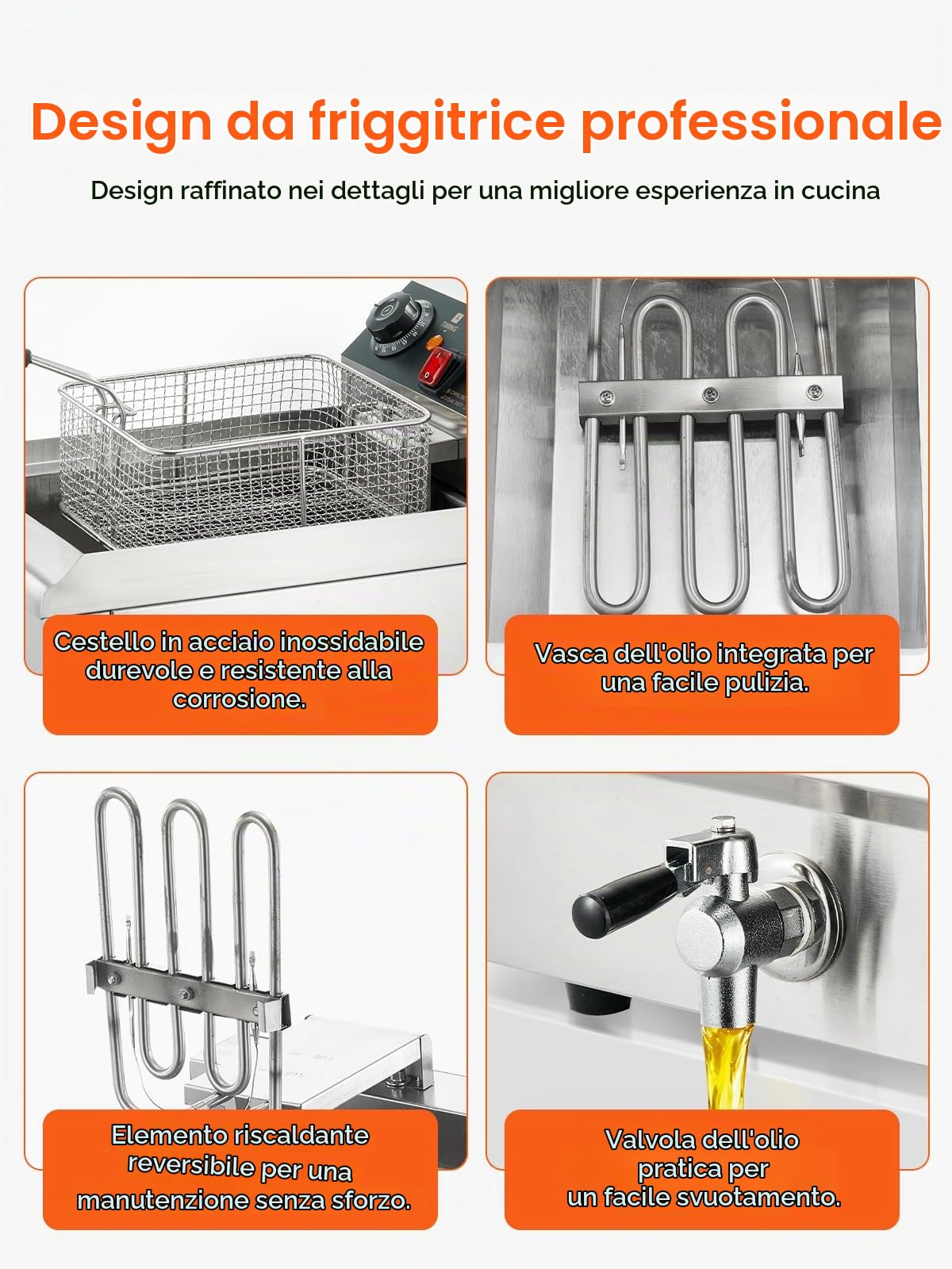Friggitrice Elettrica FOHERE da 11L con Scarico dell'Olio, 3000W Friggitrice Professionale con Cestello e Coperchio, Timer da 60 Minuti, Controllo della Temperatura 60-200 °C, per Ristoranti e Cucine