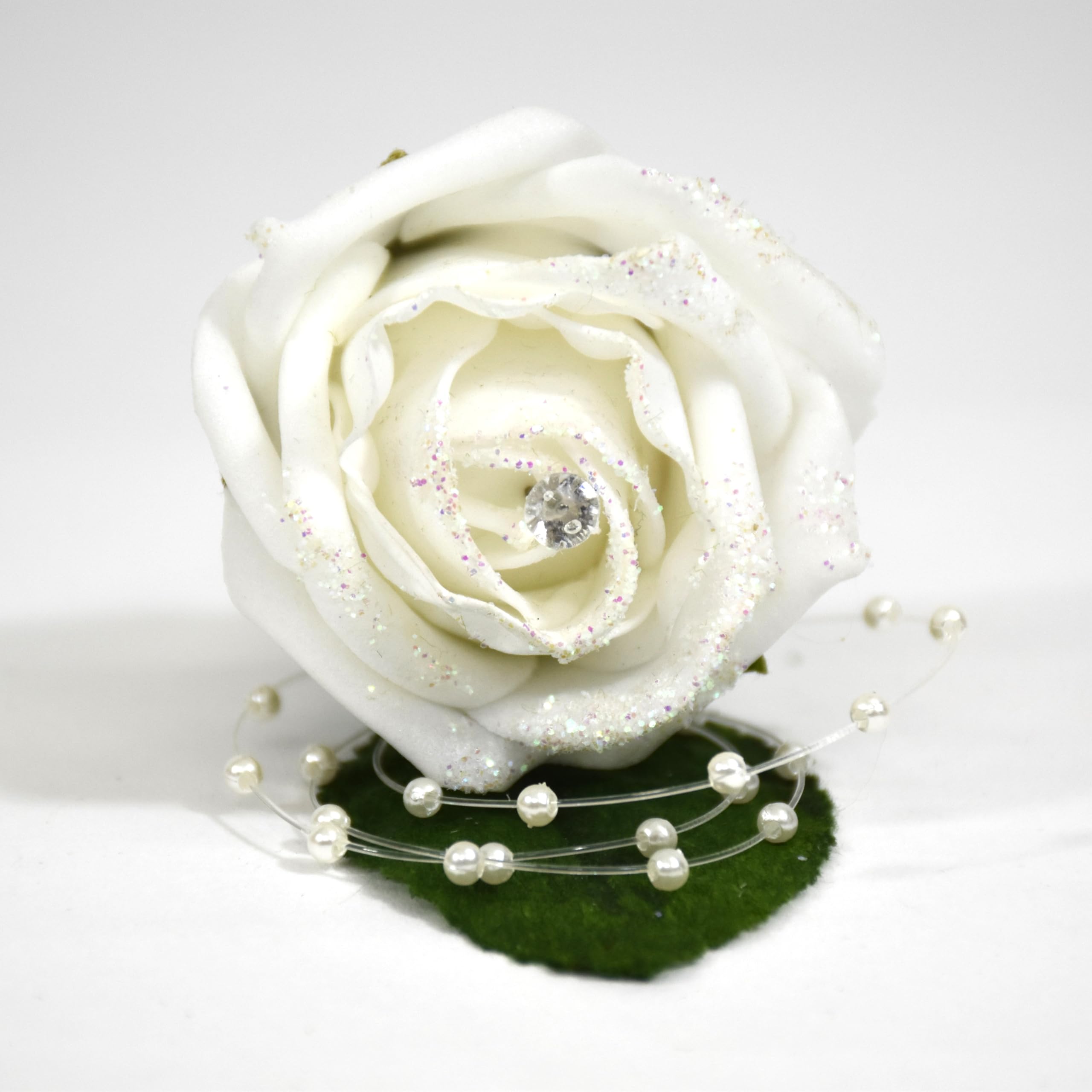 Shimmer-hj 20 Glitter White rose with pearl loop & diamante centre artificial foam wedding buttonholes. Bouquets, posy, corsage & wands available for bride, groom, bridesmaid, pageboys.