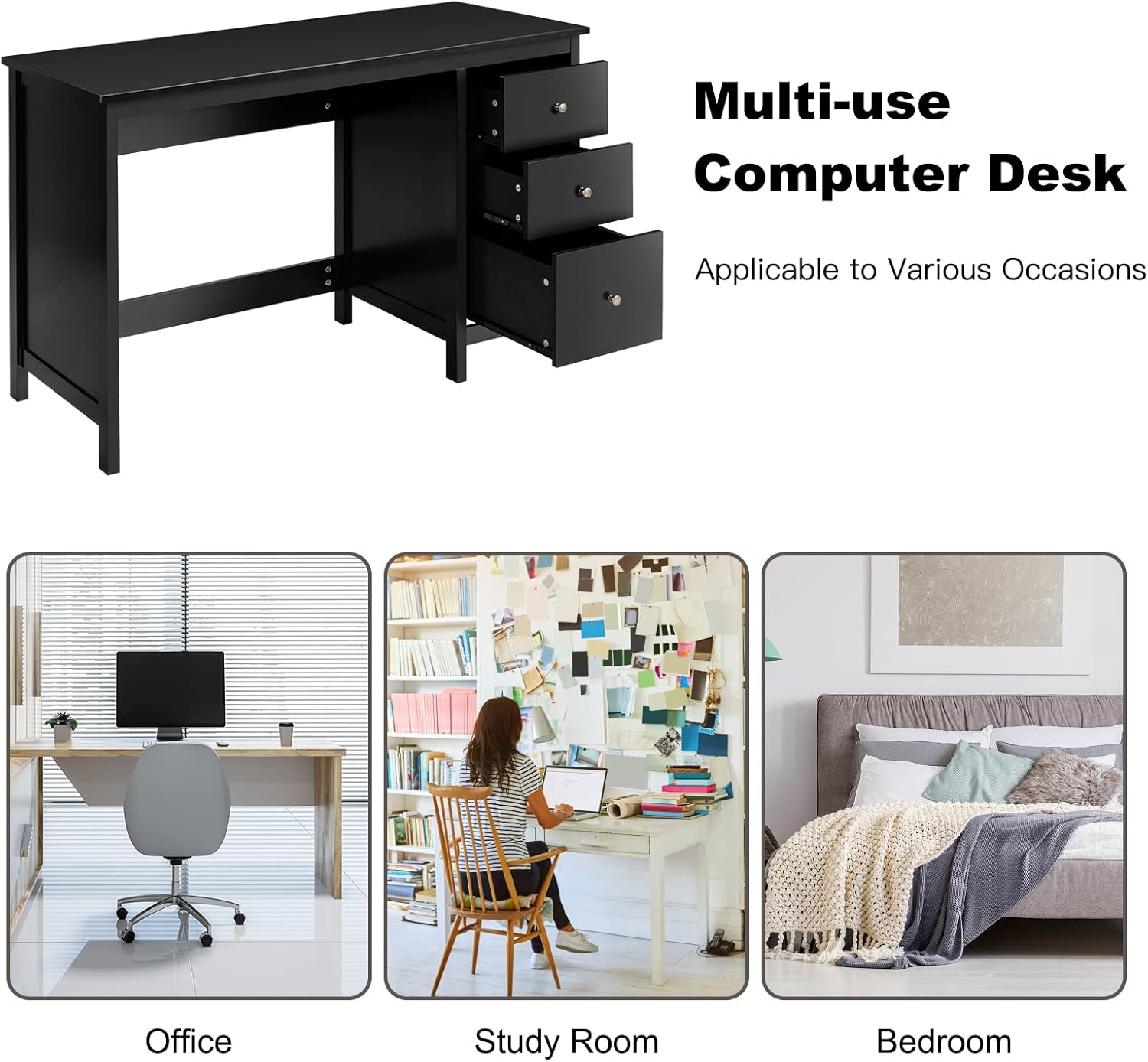 Computer Desk, 48 Inch Home Office Desks with Drawers, Modern Makeup Vanity Table, Teens Writing Gaming Desk, Black Desk with Drawers for Bedroom, Study, Office (Black)