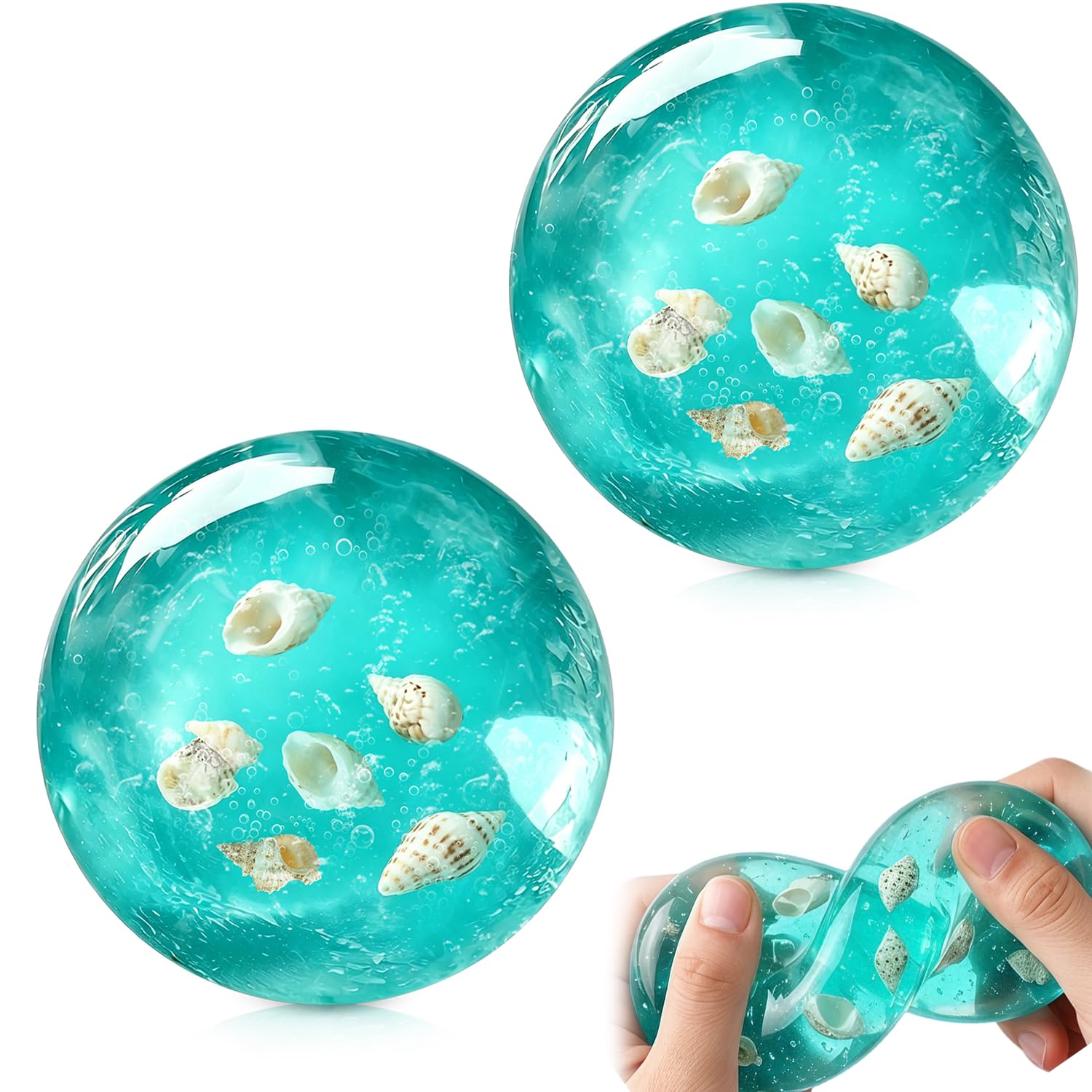 2PCS Sugar Squishy Fidget Toys, Sea Stress Balls for Adults Kids with Ocean Shells Inside, Soft Slow Rising Squishies Fidgets for Kids, Cute Blue Ice Cube Squishy, Improving Focus ADHD Fun Gifts â image 1