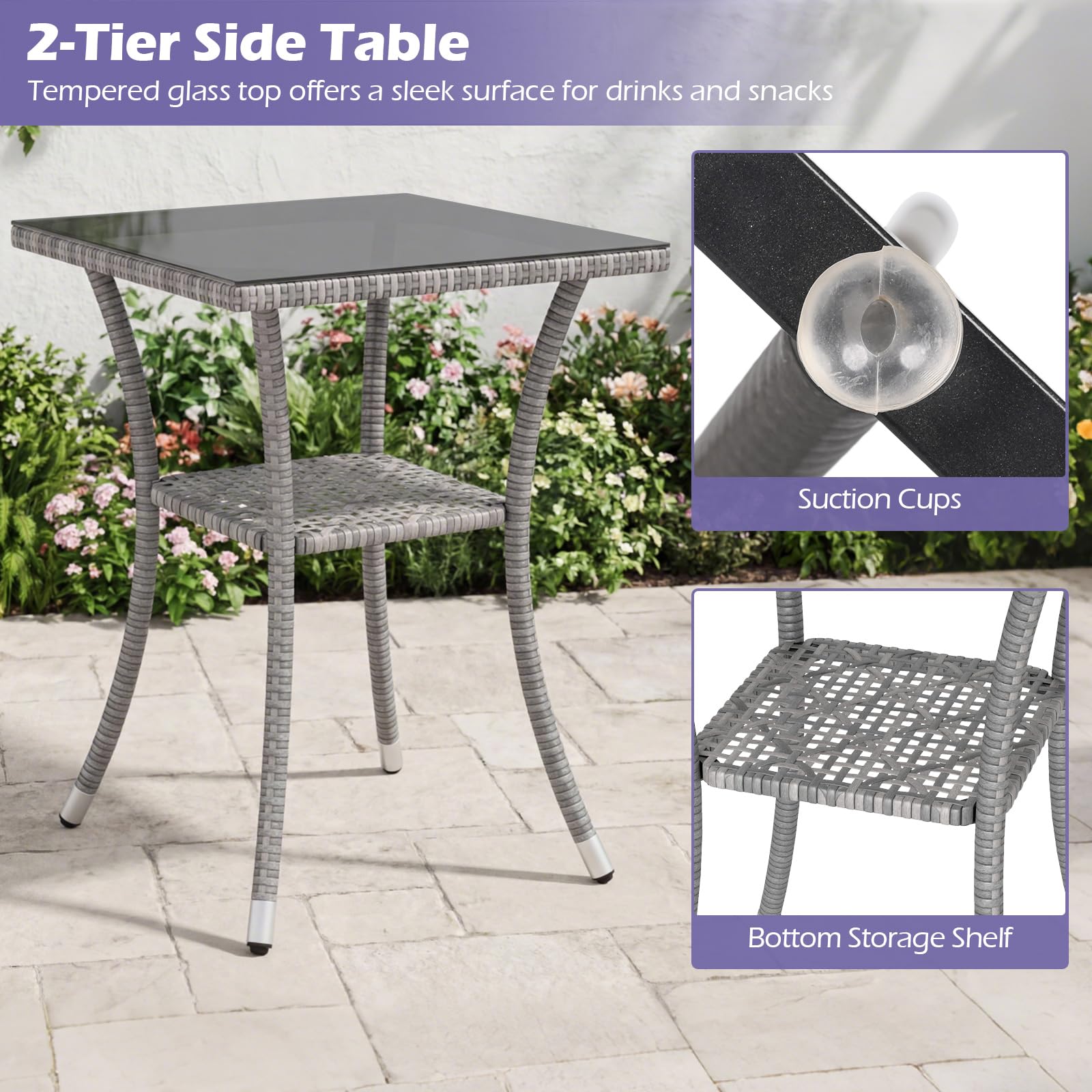 LIFEZEAL Juego de 2 Sillas de Jardín de Ratán PE y Mesa Auxiliar, Sofá con Cojines Desmontables y Mesa de Café de Cristal Templado, Set de Jardín para Tomar el Sol, Piscina y Patio (Beige)