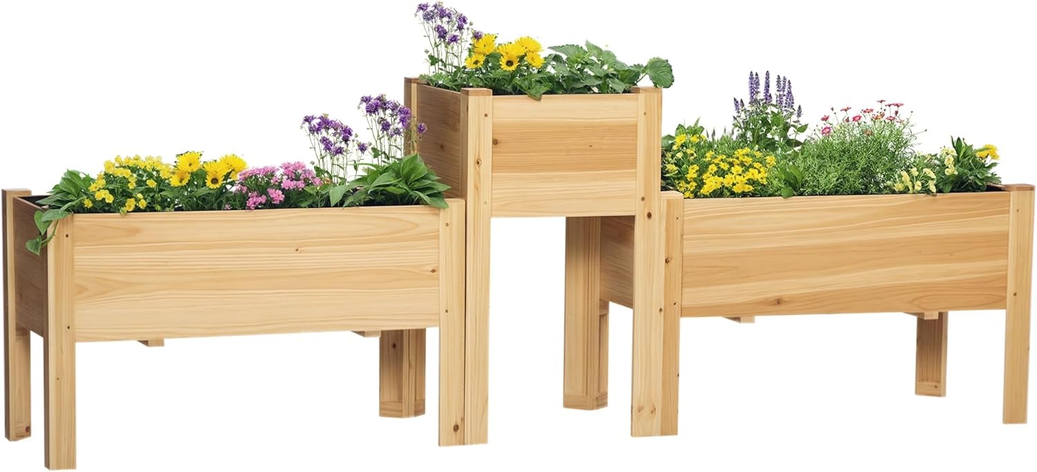 Outsunny Raised Garden Bed Set of 3, Wooden Elevated Planter Box with Legs and Bed Liner, for Backyard and Patio to Grow Vegetables, Herbs, and Flowers, Natural